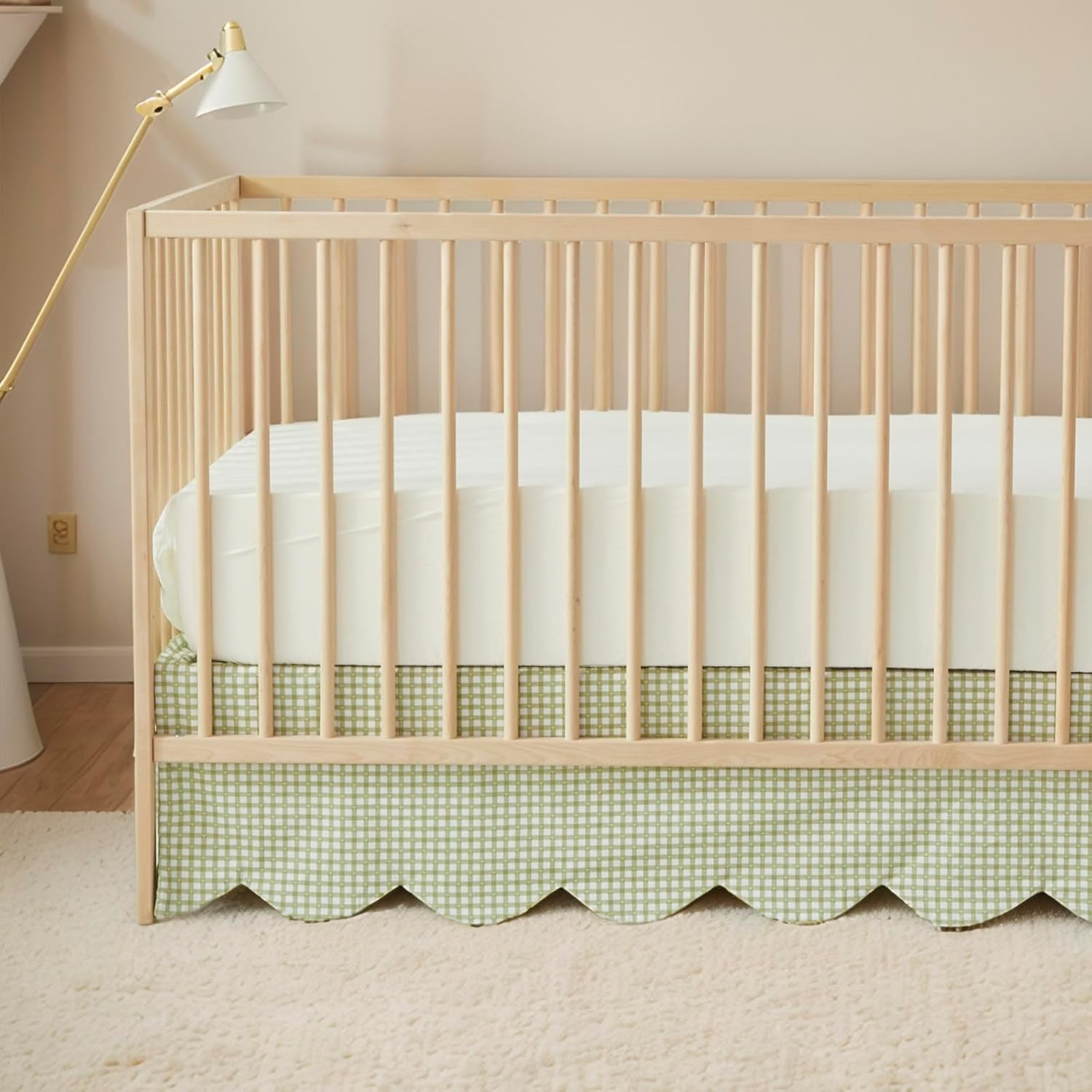 Brandream Scallop Edge Cotton Crib Skirt, Baby Boy Girl Gender Neutral Crib Skirt Toddler Bedskirt Farmhouse Chic Nursery Crib Bed Skirt, Boho Bohemian Green Gingham