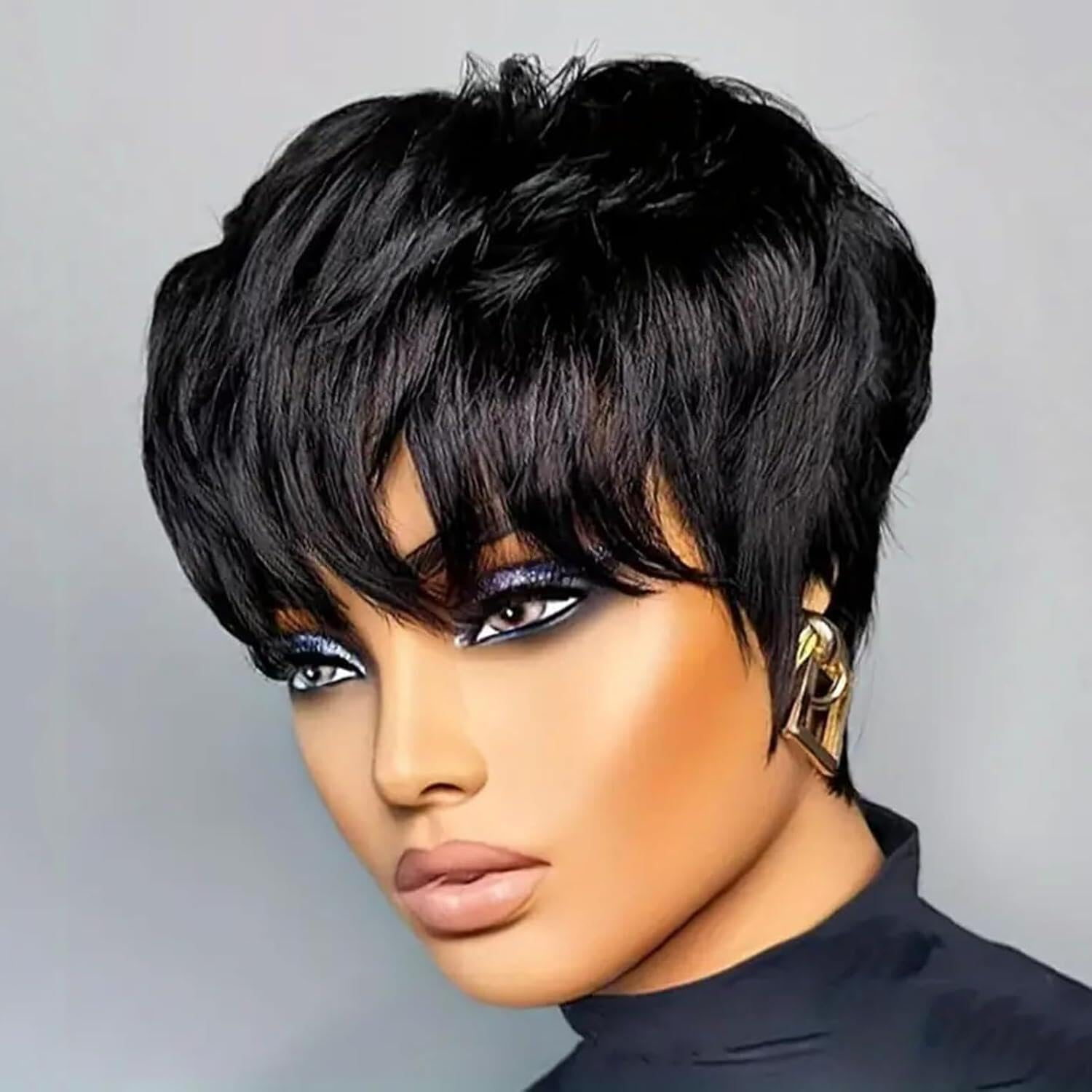Qiaqiaring Pixie Cut Wigs for Black Women Natural Color 1B Short Layered Pixie Cut Wigs for Women Brazilian Virgin Human Hair Wigs Glueless Wigs image number 5