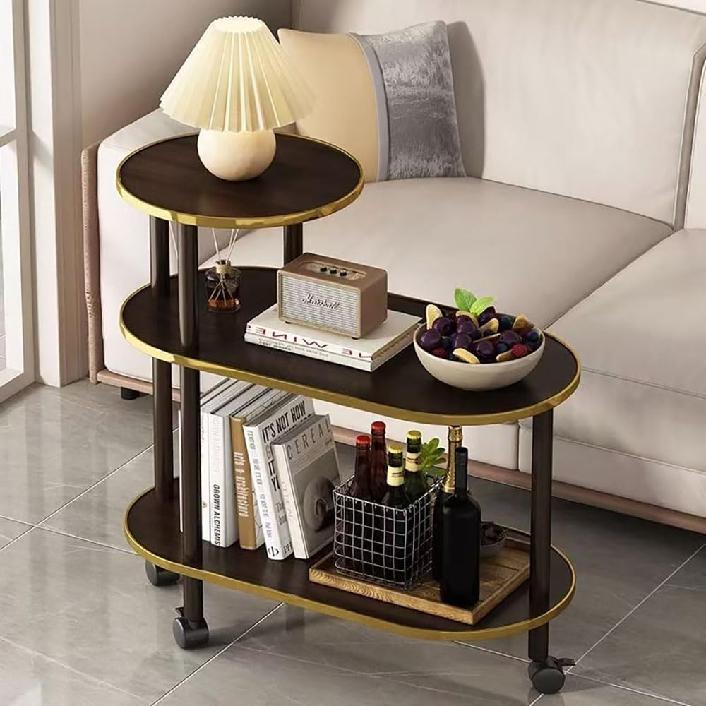 Hbluefat Modern End Table with Wheels, Rolling Sofa Side Table, 3-Tier Nightstand with Storage Shelves, Wood Bedside Table for Small Space, Living Room, Bedroom (Walnut Wood+Golden Edge) image number 2