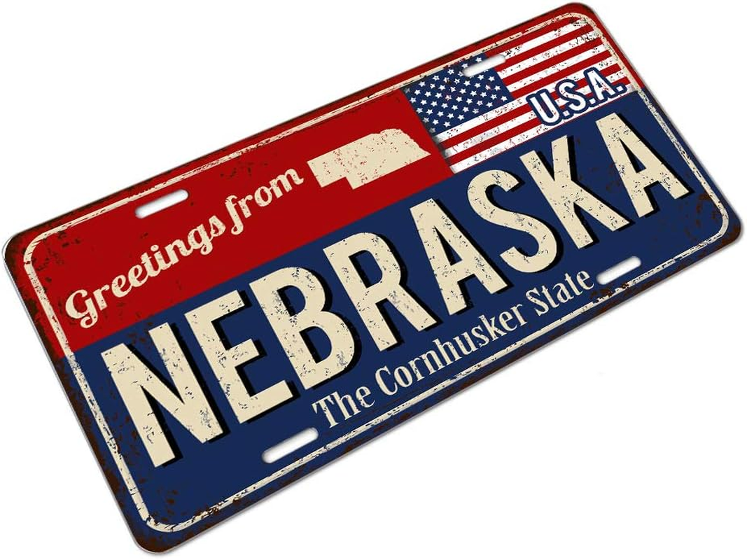 Amcove License Plate Greetings from Nebraska Vintage Rusty Metal Sign with American Flag Aluminum Metal License Plate Car Tag Novelty Home Decoration for Women Girls Men Boys,6 X 12 Inch