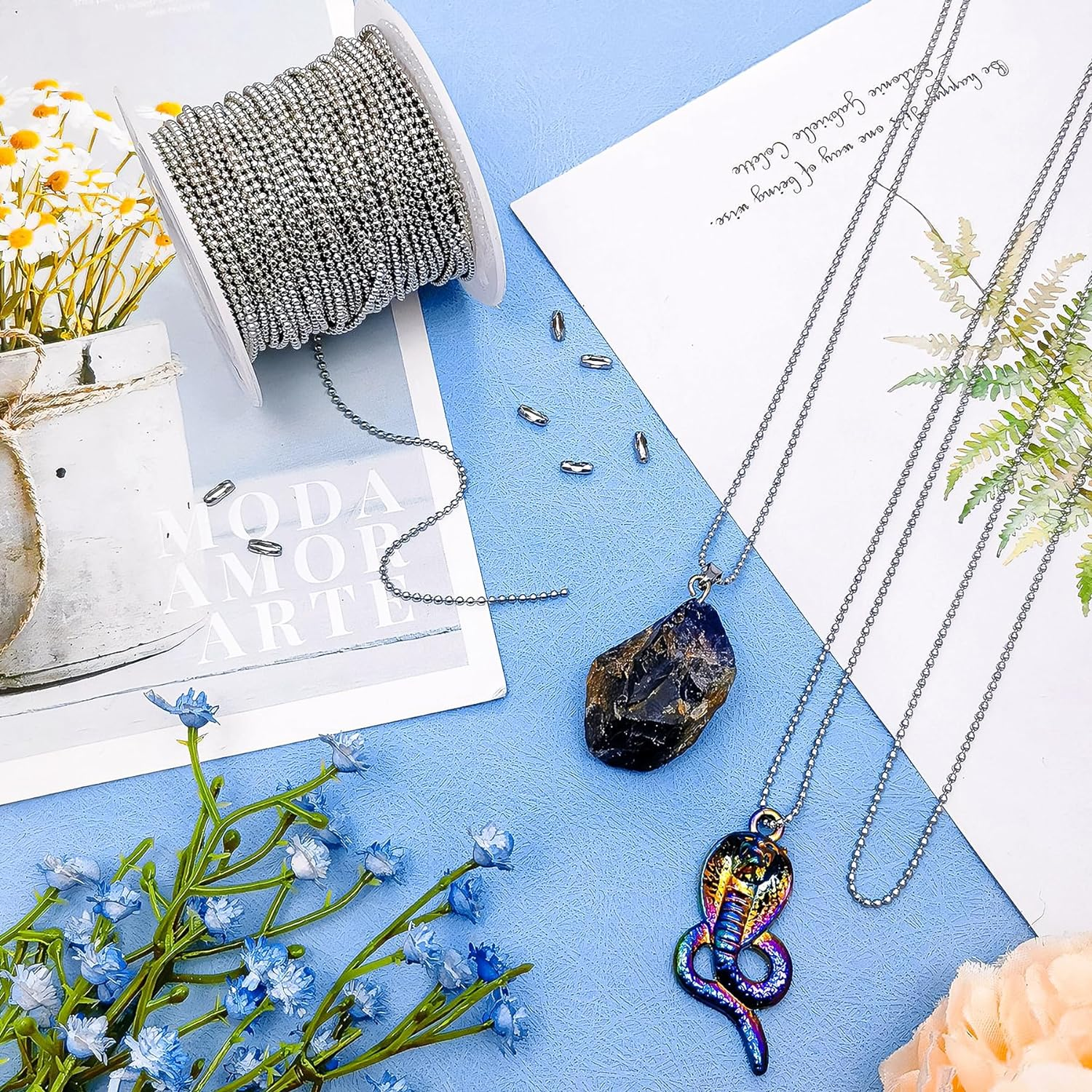 66 Feet Silver Ball Bead Chains 1.5Mm Stainless Steel Jewelry Links with 50Pcs Connectors Clasps for DIY Keychain Dog Tag Necklace Making image number 2