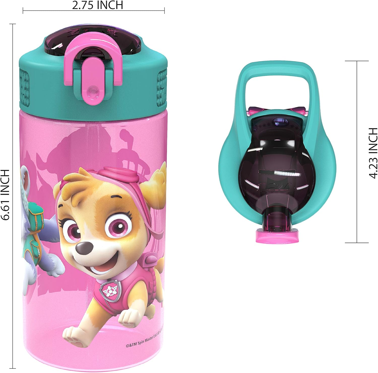 Zak Designs Kids Durable Plastic Spout Cover and Built-In Carrying Loop, Leak-Proof Water Design for Travel, (16Oz, 2Pc Set), Paw Patrol Skye Bottle 2Pk image number 4