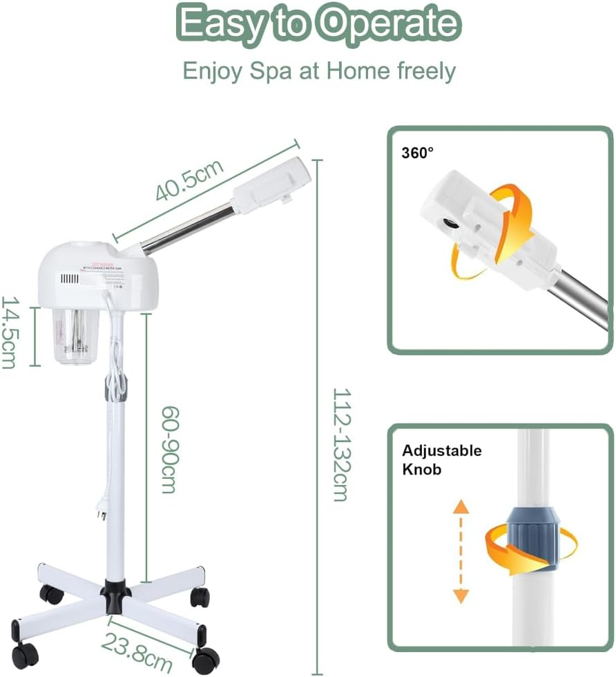 Professional Facial Steamer with Hot Ozone, Stand Face Steamer on Wheels, Face Steamer for Facial Deep Cleansing for Beauty Salons, and Spas, 360&deg; Ratotable Nozzle, Adjustable Height image number 2