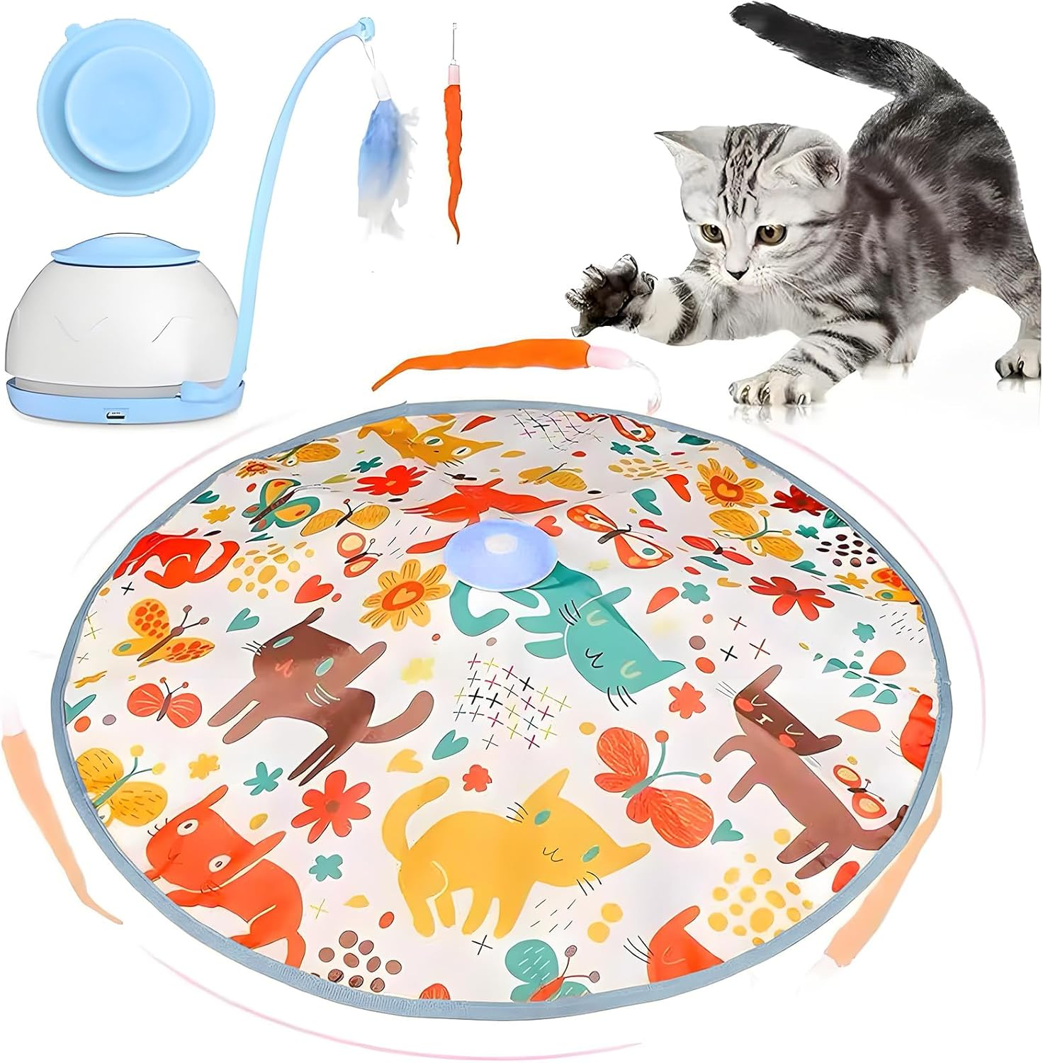 Interactive Cat Toy 2025 Upgraded with Suction Cup Base - Rechargeable Touch-Activated Kitten Toy, 2 Interchangeable Tails & Automatic Prey Motion for Indoor Active Cats（Blue） image number 4