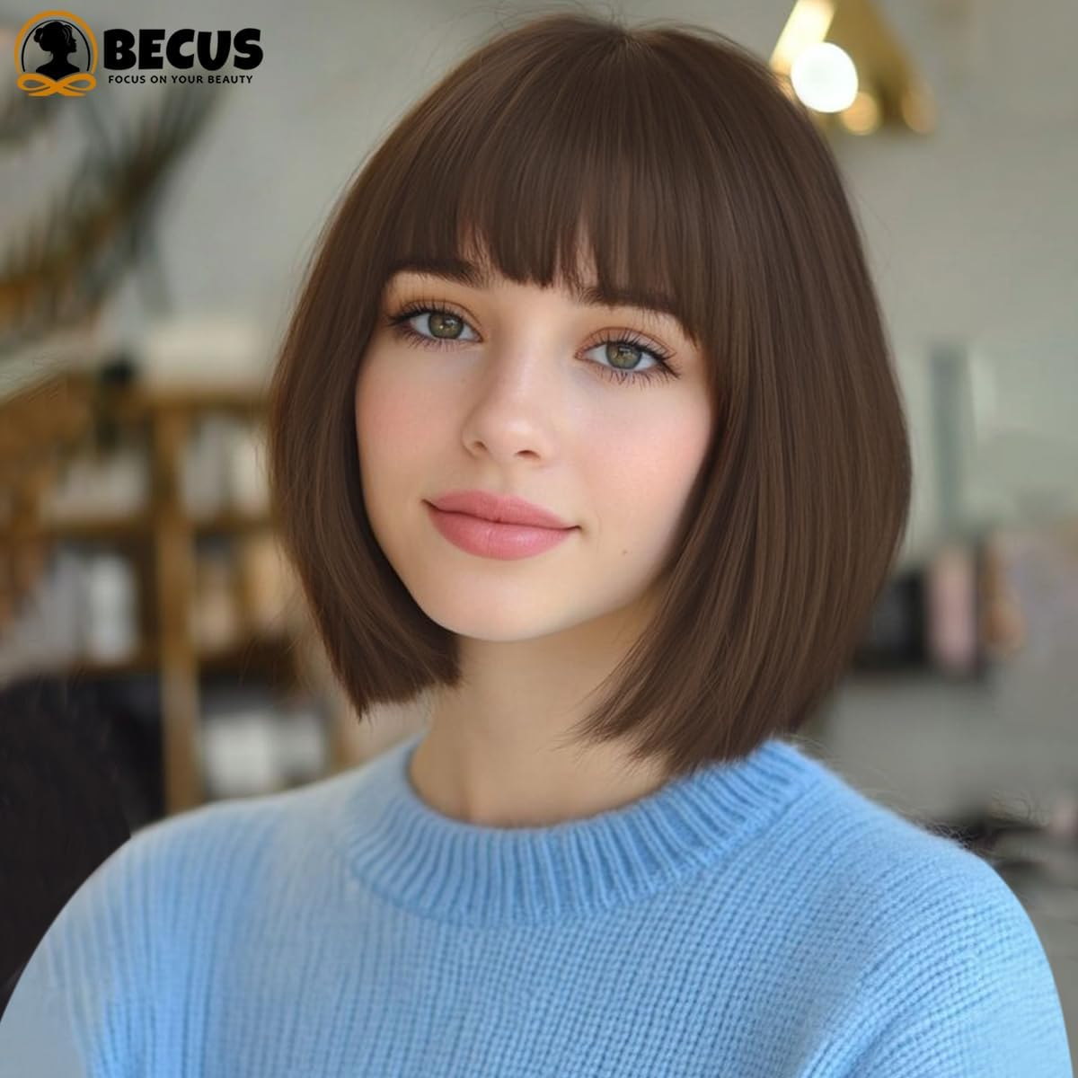 BECUS Short Brown Bob Wig with Bangs,Brown Straight Bob Wigs for Women,Brown Bob Wig Heat Resistant Fiber for Cospaly - Pink image number 7