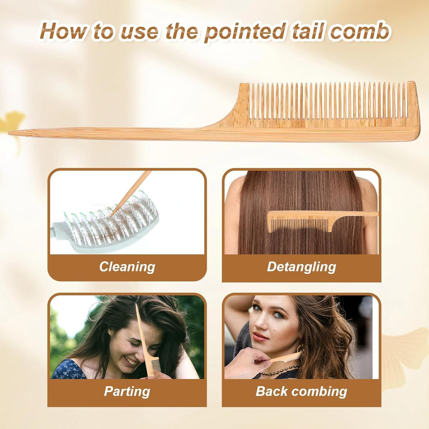 3Pcs Bamboo Combs Natural Wooden Comb Set, Natural Handmade Bamboo Anti-Static Comb Set,Natural Bamboo Comb Set Rat Tail Combs