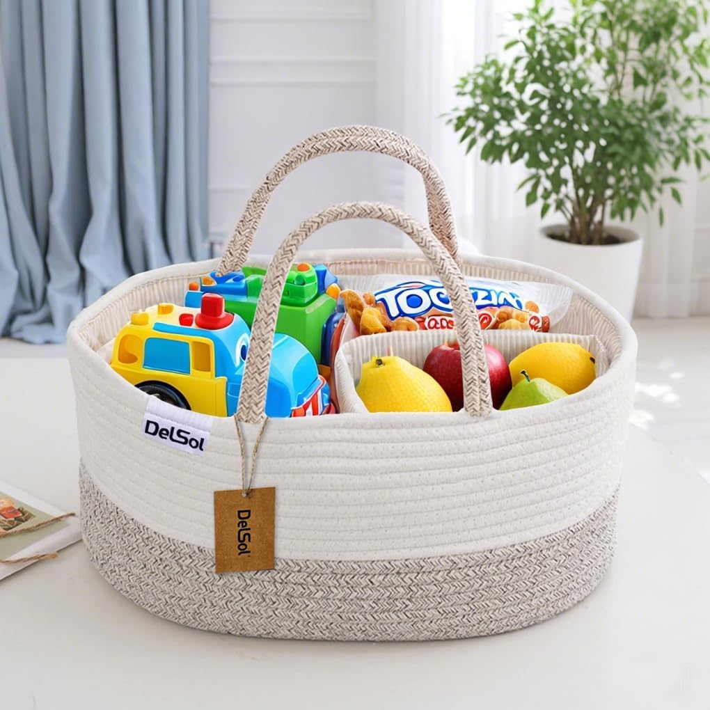 Delsol Cotton Rope Diaper Caddy Organizer, Large Nursery Baby Basket, Changing Table Organizer for Baby Diaper Storage, Portable Car Organizer with Removable Divider, Baby Shower image number 2