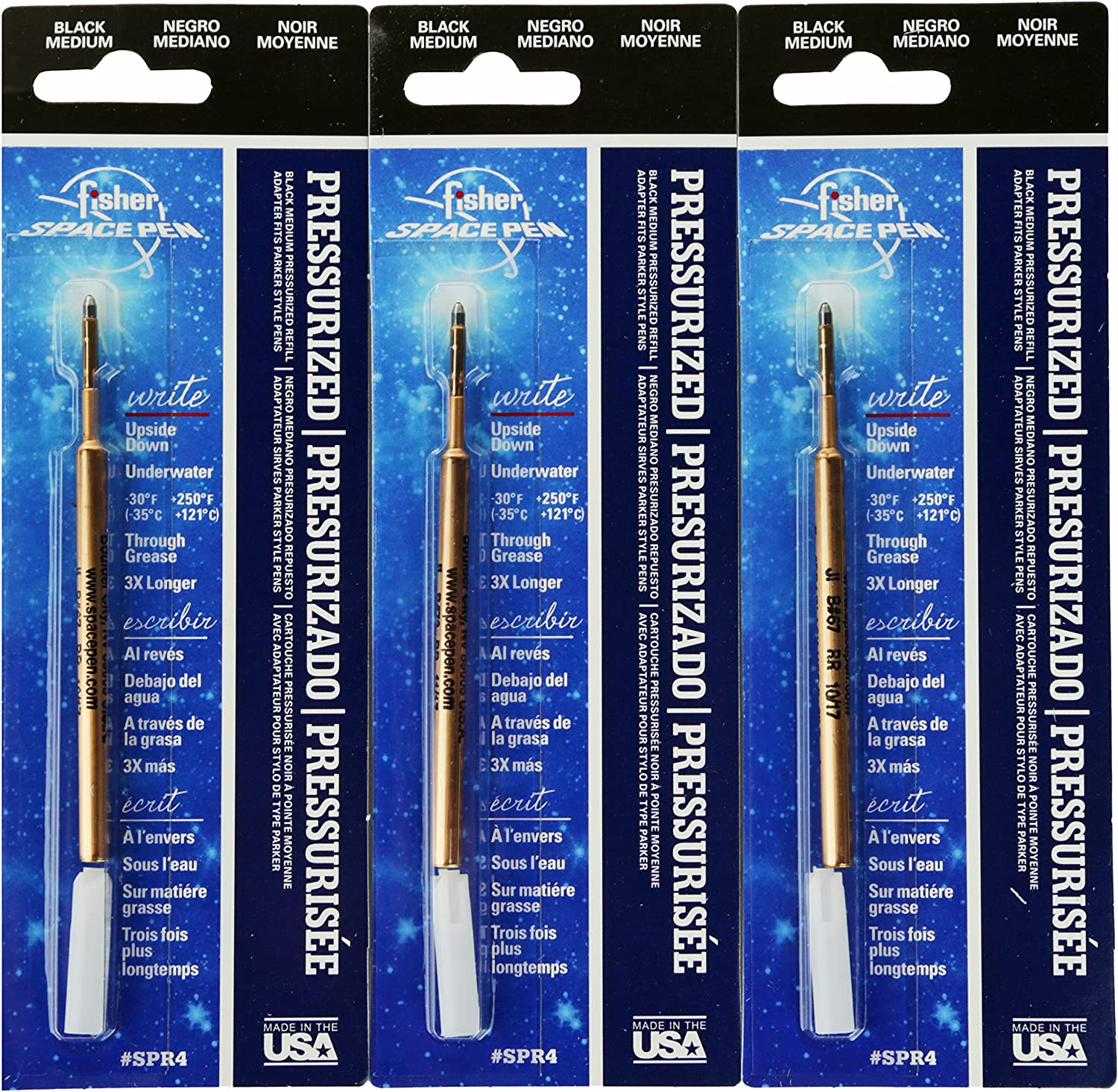 Fisher SPR4 Space Pen Pressurized Ballpoint Ink Refill, Medium Point, Pack of 3, Black Ink