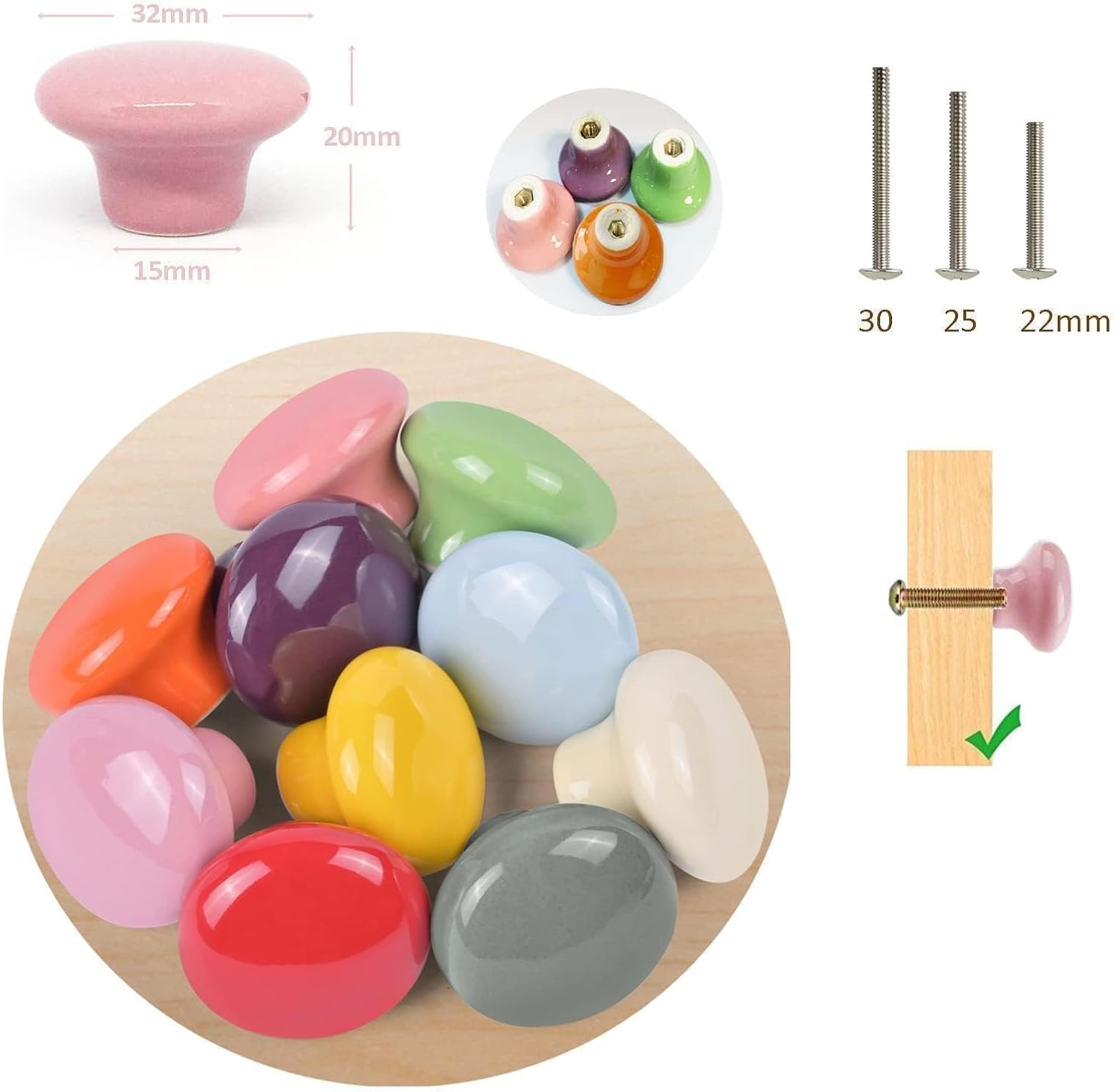10X Colorful Door Knob Cabinet Retro round Ceramic Drawer Cupboard Kitchen Dresser Pull Handle Knobs 32Mm/1.25" (Ivory,Red, Orange,Green, Yellow, Blue,Pink,Pale Pinkish, Purple, Grey) image number 1