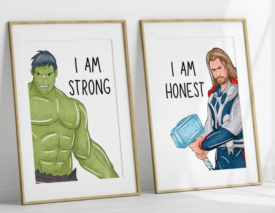 Shophaven Superheroes Art Print Set of 6, &lsquo;I AM&rsquo; Affirmations, Boys Bedroom D&eacute;cor, Kids Wall Art, Iron Man, Hulk, Spiderman, Thor, Black Panther and Captain America, Superheroes (11X14) image number 1
