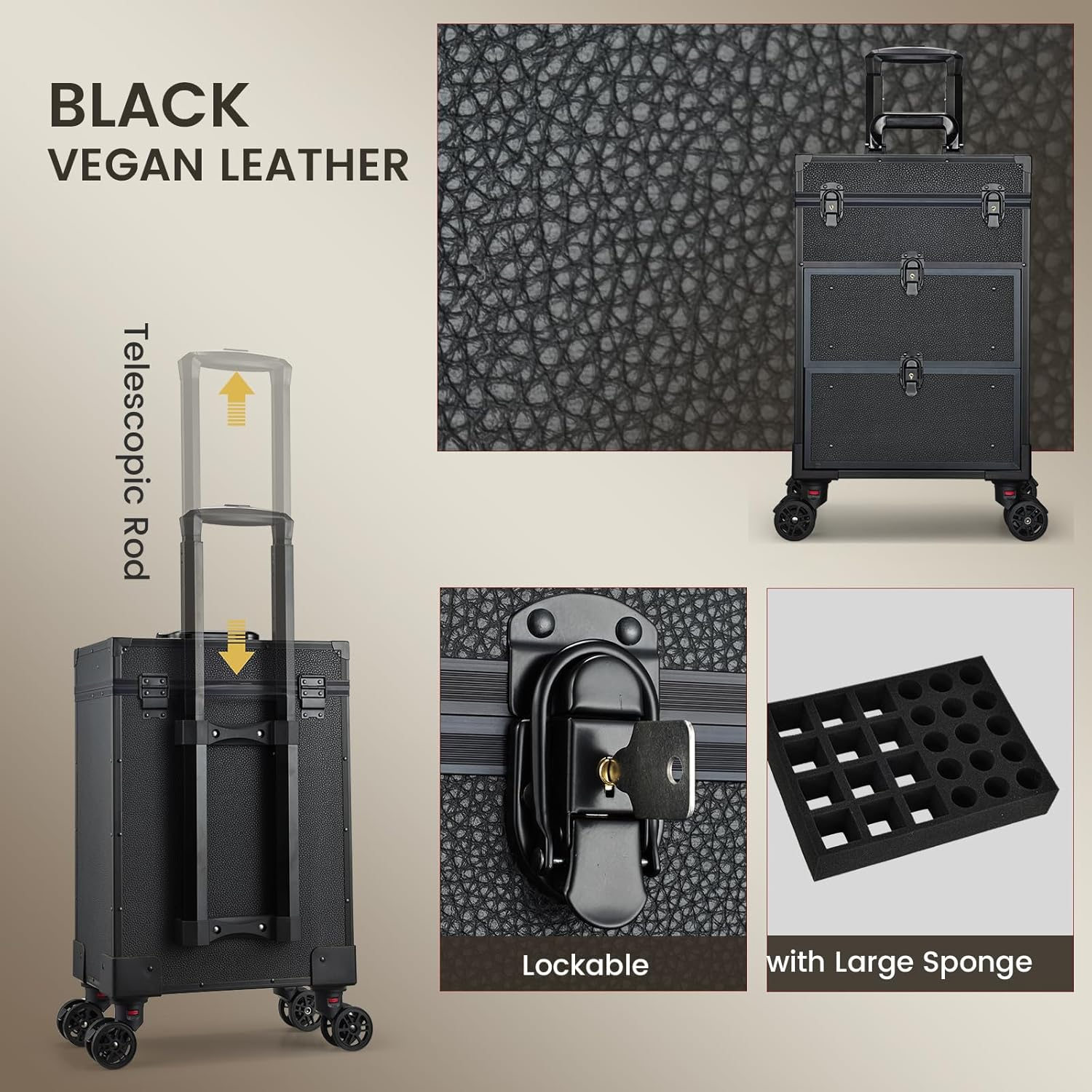 Yueieoun Rolling Makeup Case with Wheels, Black image number 3