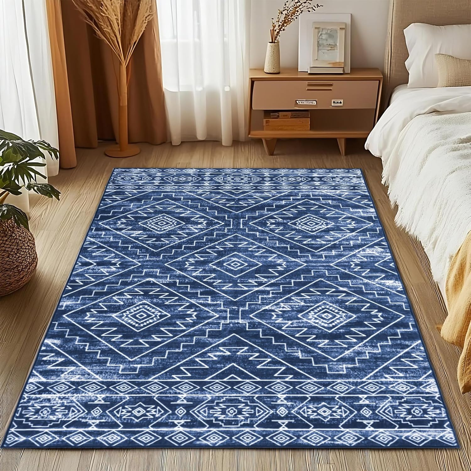 MOSISO 4X6 Area Rug for Living Room, Washable Area Rug, Soft Geometric Rhombus Low Pile Indoor Floor Carpet, Faux Wool Rectangular Non Slip Carpet for Living Room Bedroom Dining Home Office, Blue