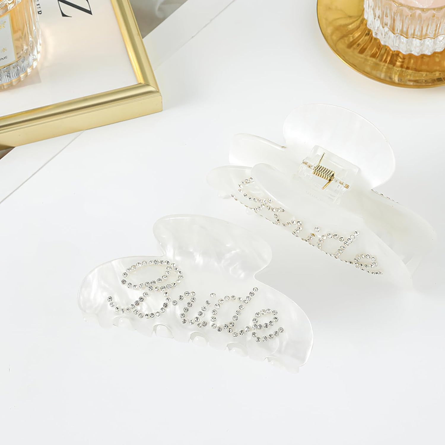 Bride Claw Hair Clip,​ Bride White Acrylic Hair Clips with Rhinestone Logo, Bachelorette Party Wedding Birthday Banana Barrettes Hair Decorations for Girl, Trendy Bridal Claws(White) - Pink image number 2