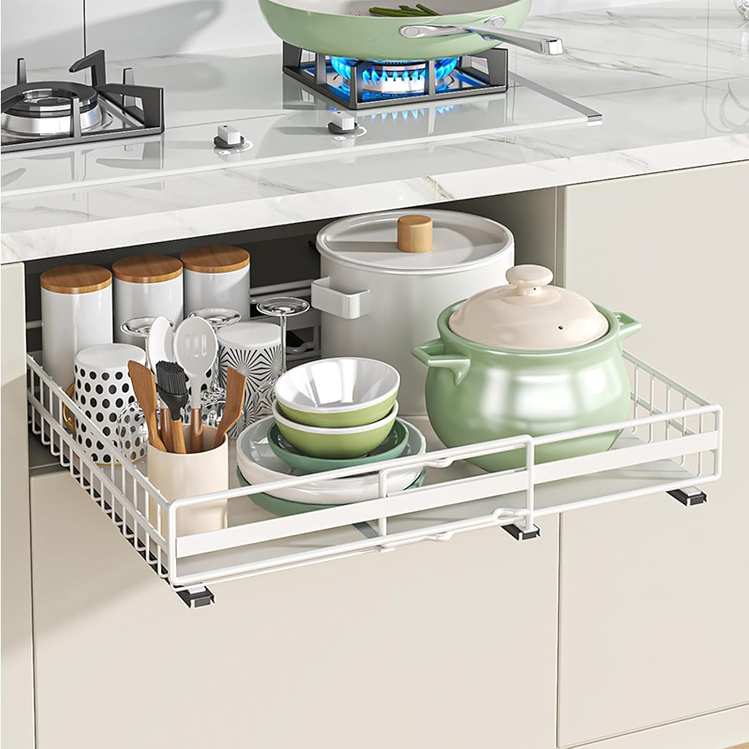 TOJUNE Pull Out Cabinet Organizer, Adjustable Expandable 3-Slide Rails Drawers, Self Adhesive/Punch with Nano Film for Kitchen, Pantry, Shelves Storage, Living Room, Bathroom (White, Large)