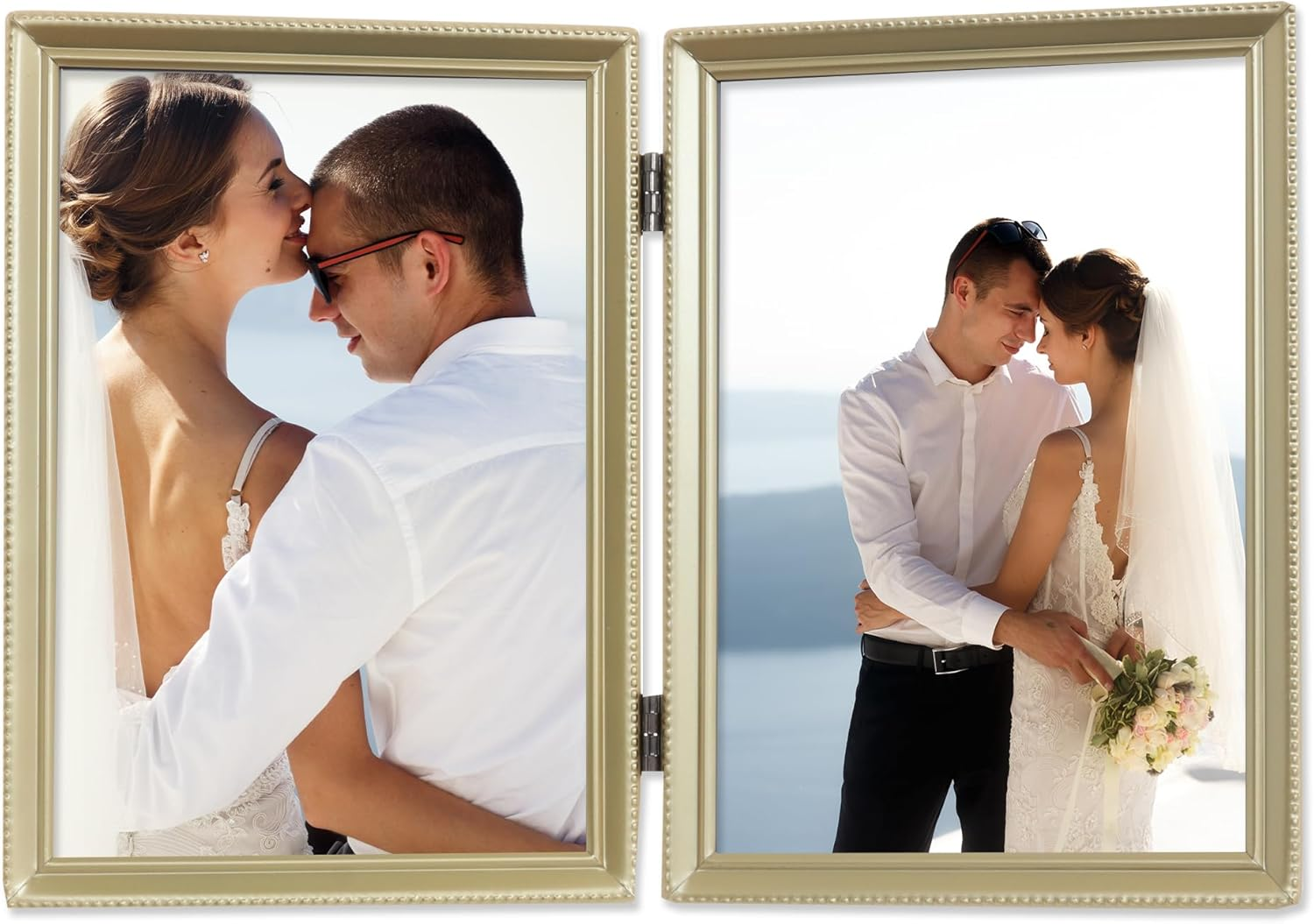 Lawrence Frames Antique Brass 5X7 Hinged Double Picture Frame - Bead Border Design image number 6