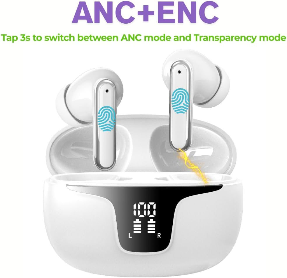 Wireless Earbuds Bluetooth 5.3 Headphones with 4 Noise Cancelling Mics, ANC ENC, Hifi Stereo Sound, LED Power Display, 40H Playtime &ndash; True Wireless Earphones AU (ANC+ENC, White) image number 2