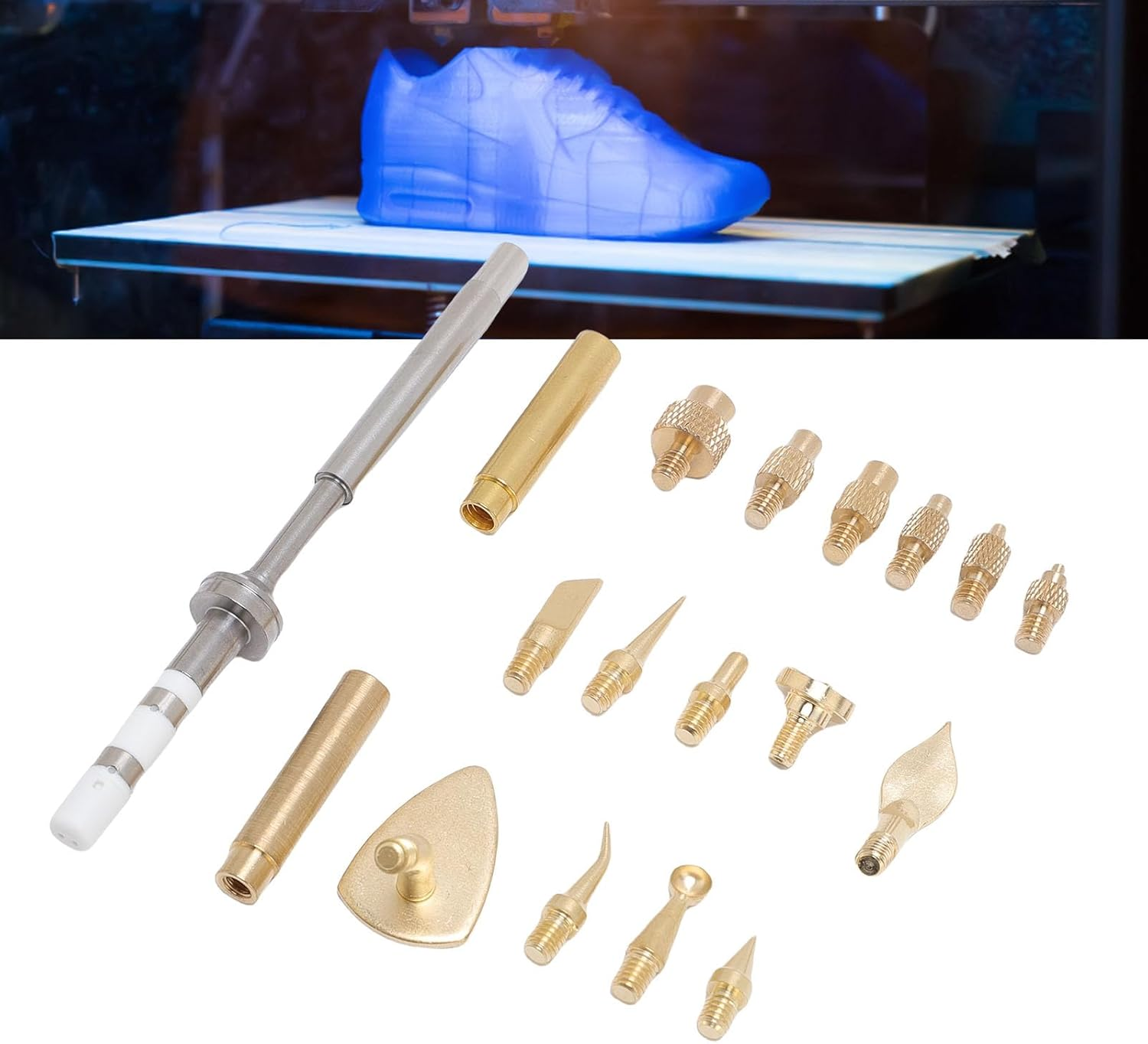 Heat Set Insert Tool, 18Pcs Brass Heat Insert Nut Iron Tip 3D Printing Modify Finishing Tool Set with Brass Trimming Head, Heat Press Machine Accessories image number 4