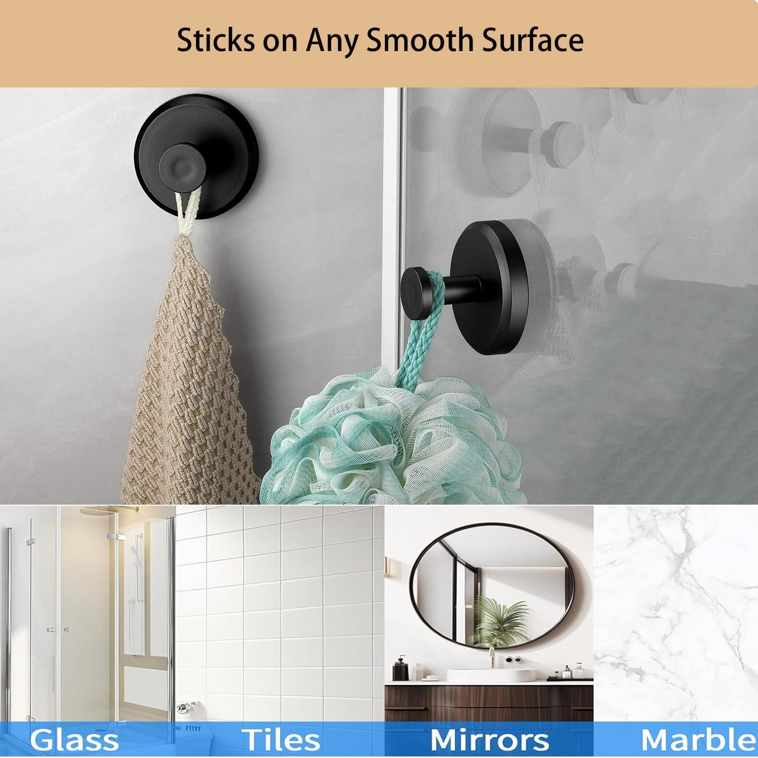 2Pcs Suction Cup Hooks for Shower, No-Drill Bathroom Hooks for Towels, Robes, Loofah Mountable on Bathroom Walls, Kitchen, Glass, Mirrors,Tile,Smooth Non-Porous Surfaces,Waterproof & Rustproof,Black - 2Pcs Chrome image number 5