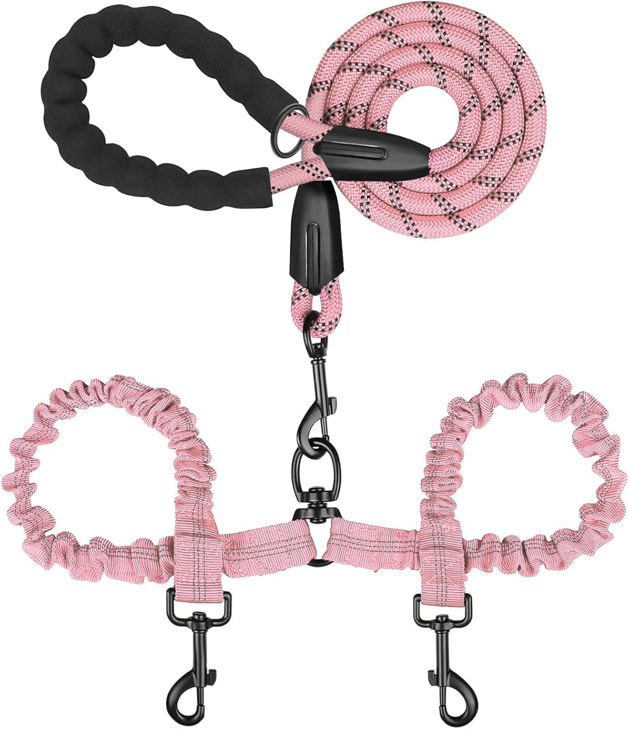 Double Dog Leash for 2 Dogs, Heavy Duty Dual Dog Lead, No Tangle Walking Leash with Shock Absorbing Bungee for Two Dogs, Durable Nylon Dog Lead for Medium/Large Breeds (Pink)