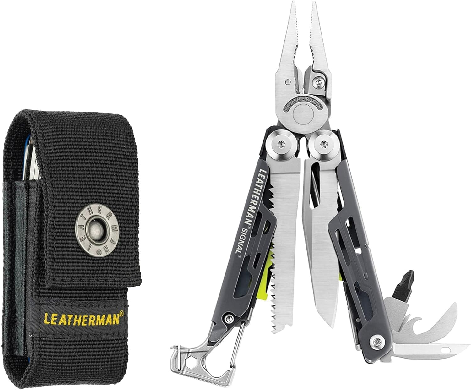 Leatherman Signal&reg; Survival Multitool with Hammer, Whistle & 19 Tools - 4.5" Stainless Lockable Multitool - Aqua & Silver - Ideal for Outdoor Adventures, Camping & EDC