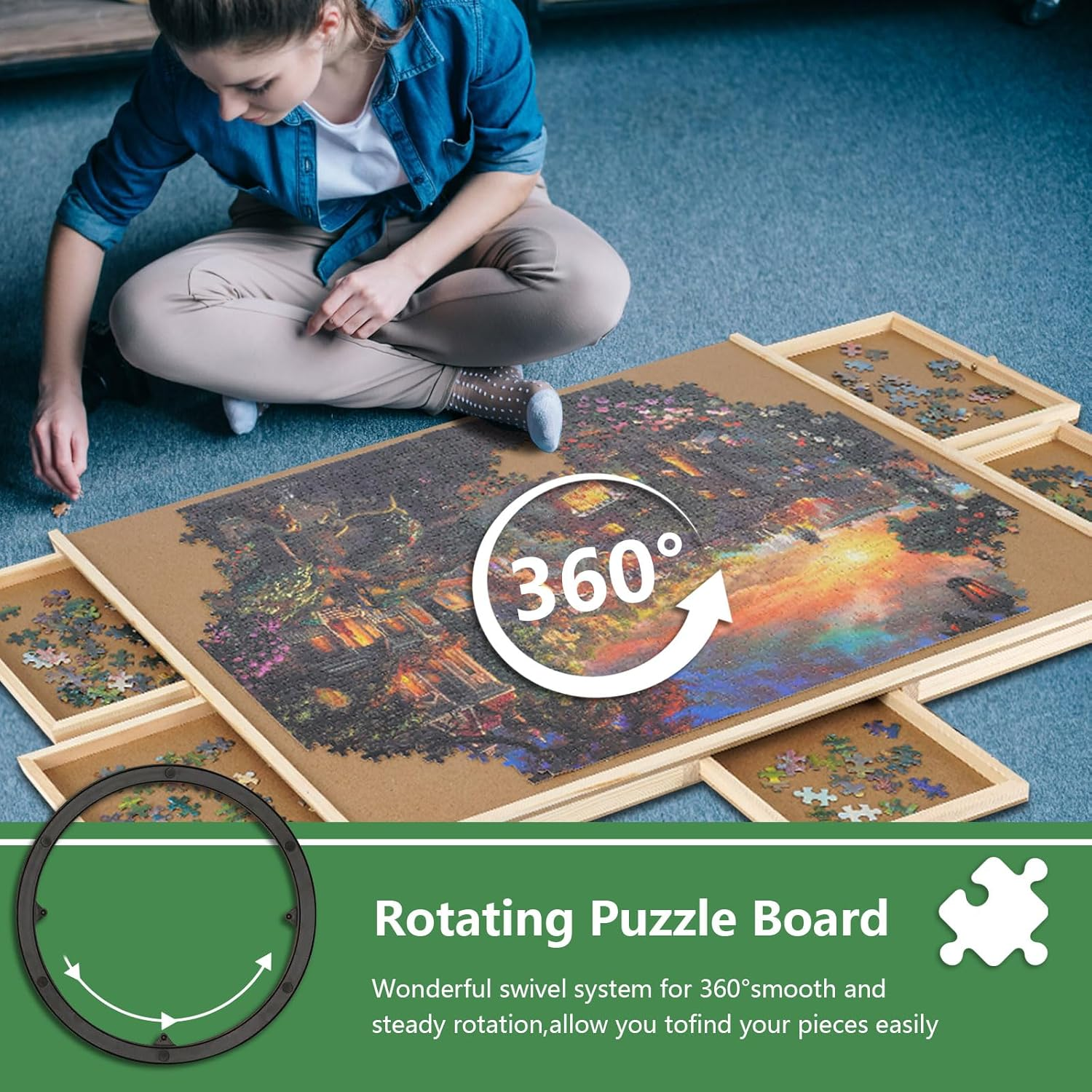 1500 Piece Puzzle Board Game Table Rotating Puzzle Board with Drawers Jigsaw Puzzle Tables for Adults and Kids with Puzzles Cover Bits and Pieces Jigsaw Board Wooden Jigsaw Puzzle Trays for Sorting image number 6