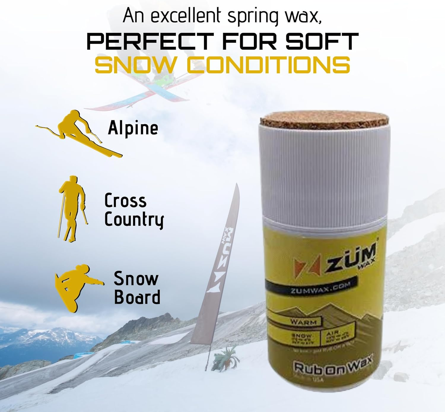 Zumwax Rub-On Ski/Snowboard/Nordic/Cross-Country Wax 70G, WARM Temperature, Easy Cork Applicator, Long-Lasting Performance, Secret Vanilla Scent, Made in USA, Pfas-Free, Excellent Spring Wax image number 1