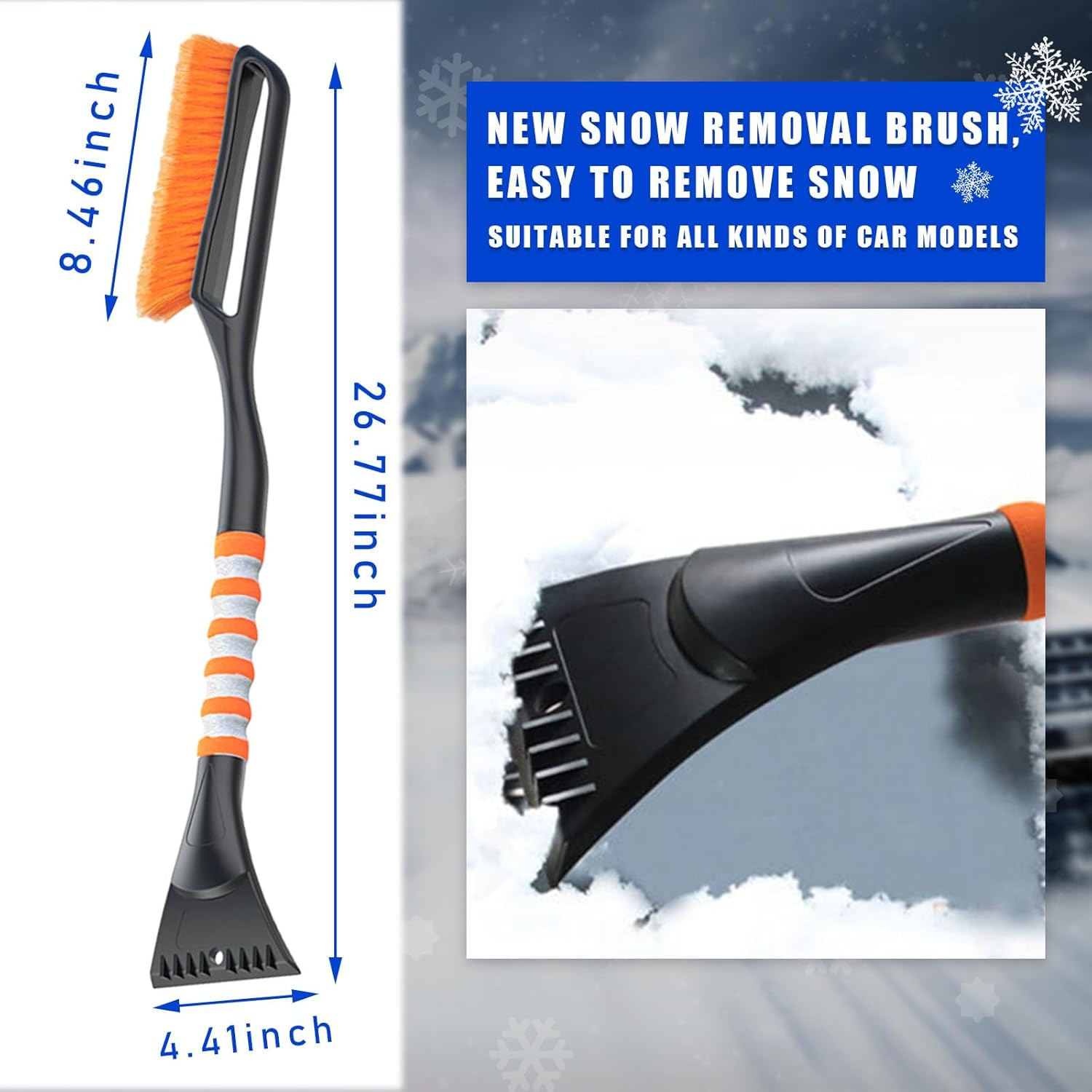 Augeny 27'' Ice Car Snow Brush and Ice Scraper, Detachable Scratch Free Snow Brush with Comfortable Foam Grip, Universal Auto Winter Snow Removal Tool for Cars, SUV, Trucks (Orange) - Orange image number 3