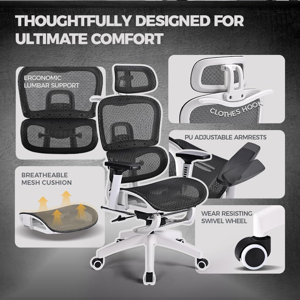 Furb Ergonomic Office Chair with Breathable Mesh, Adjustable Headrest and Lumbar Support High Back Computer Desk Office Chair for Home Office, Gaming, and Study White and Black image number 4