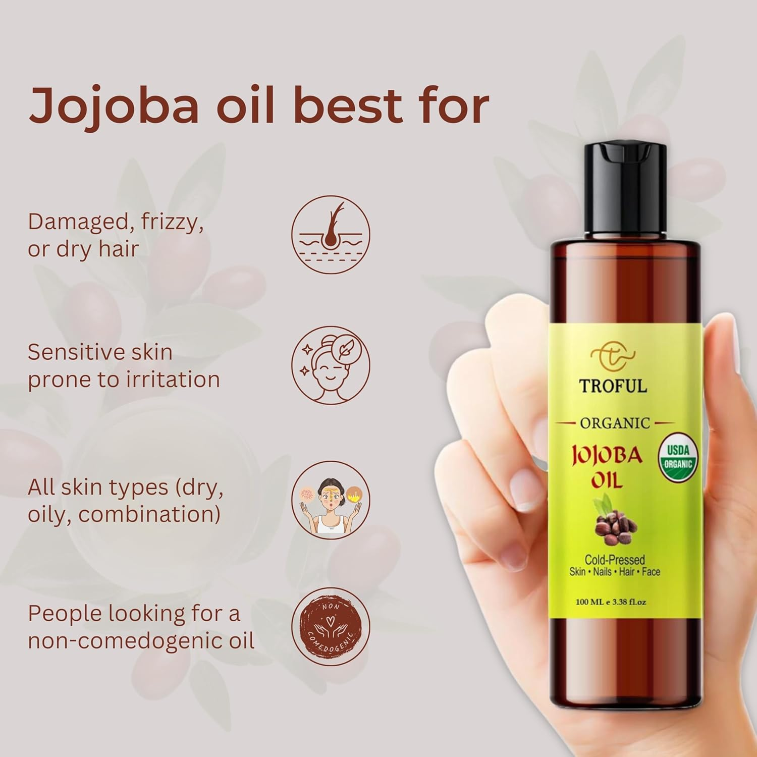 Troful Organic Jojoba Oil - Cold-Pressed 100 ML &ndash; Certified Organic, 100% Pure and Natural - Premium Grade Carrier Oil for Skin, Face, Hair, Nails, and Massage image number 3