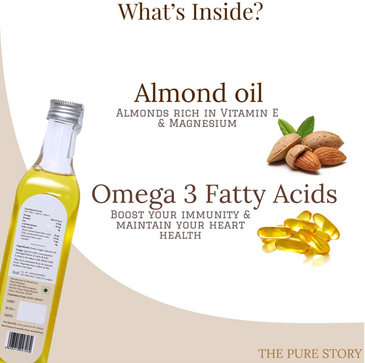 The Pure Story 100% Pure Cold Pressed Sweet Almond Oil for Hair, Skin, Face Care & Massage 100Ml image number 6