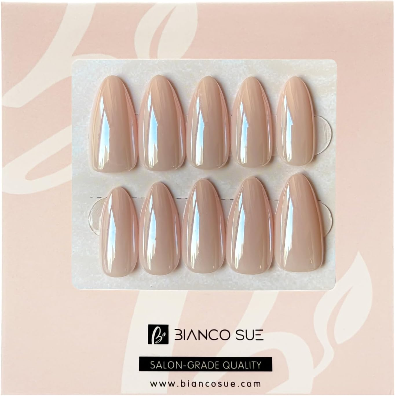 Bianco Sue Press-On Nails | Shimmery Pink Almond False Nails, Reusable Stick-On Fake Nails with Adhesive Tabs and Glue | Salon-Grade Quality | Transparent Storage Box | 15 Sizes - 30 Nail Kit image number 1