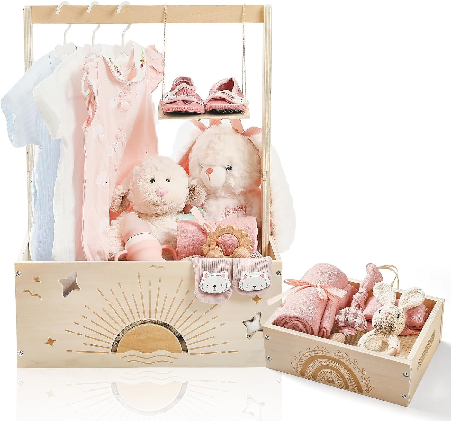 Wooden Baby Shower Crate Closet Set, Shower Party Basket with Handle and Swing, Large Capacity Baby Storage Crate, Newborn Baby Gifts Basket for Pregnancy New Parent (2 PCS) image number 6