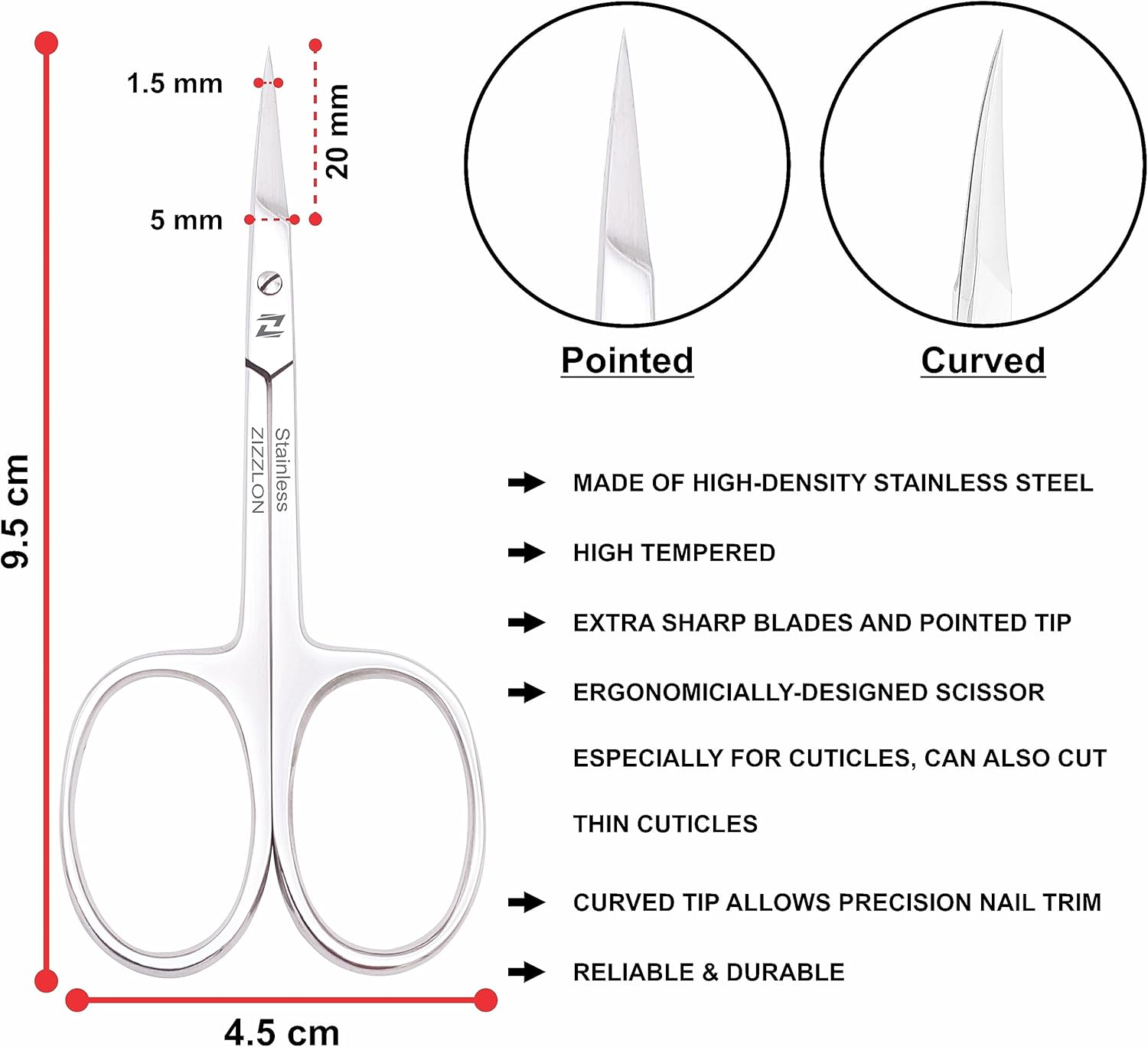 ZIZZLON Cuticle Scissors Extra Fine Curved Stainless Steel, Professional Eyebrow Scissors for Beard, Nose Hair, Eyelash, Mustache, Dry Skin - Manicure Scissors image number 4