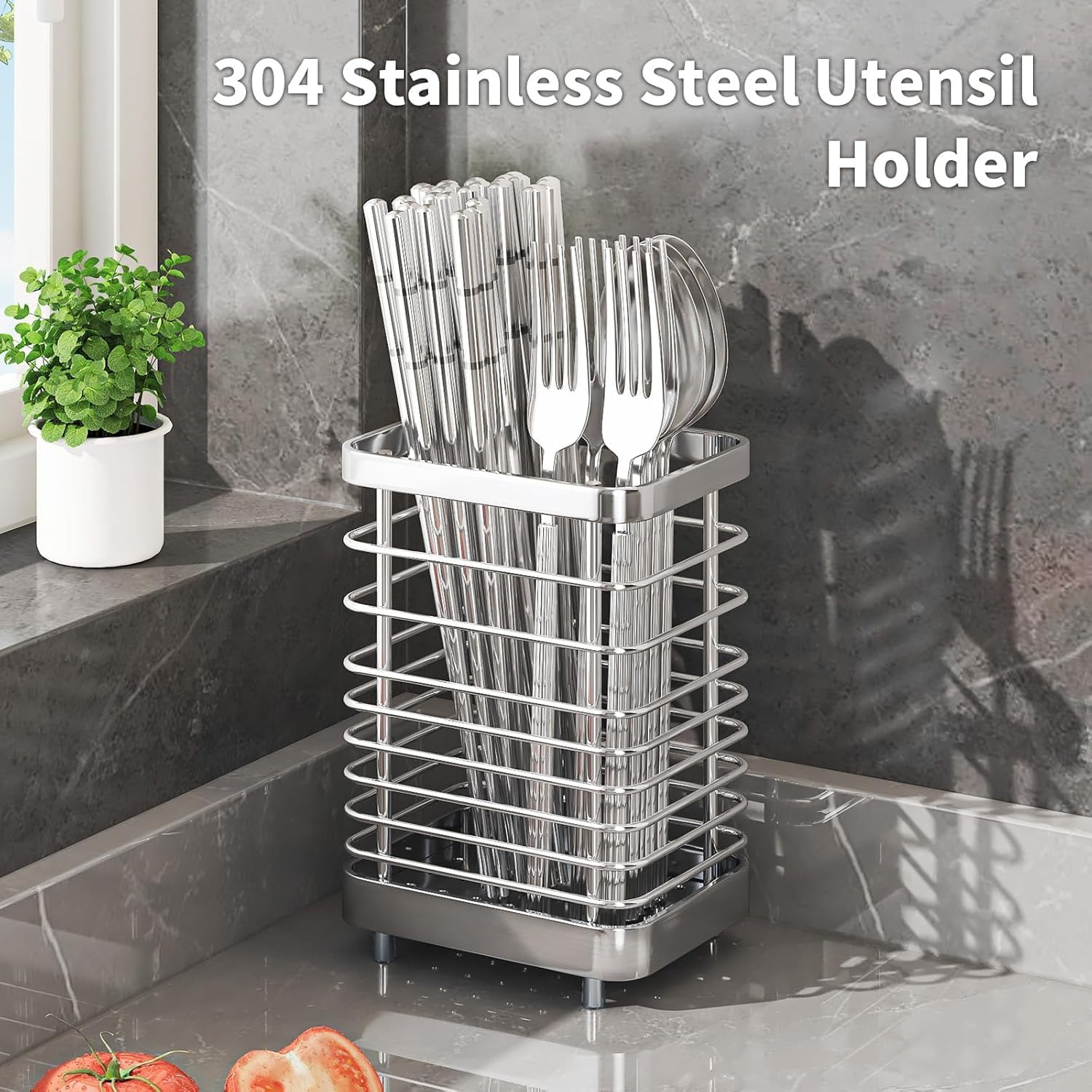 QYINXIU Utensil Holder Kitchen Countertop Organizer, Cutlery Drainer Sink Caddy Storage Drying Rack for Silverware Flatware and Cookware, Stainless Steel (Sliver) image number 2