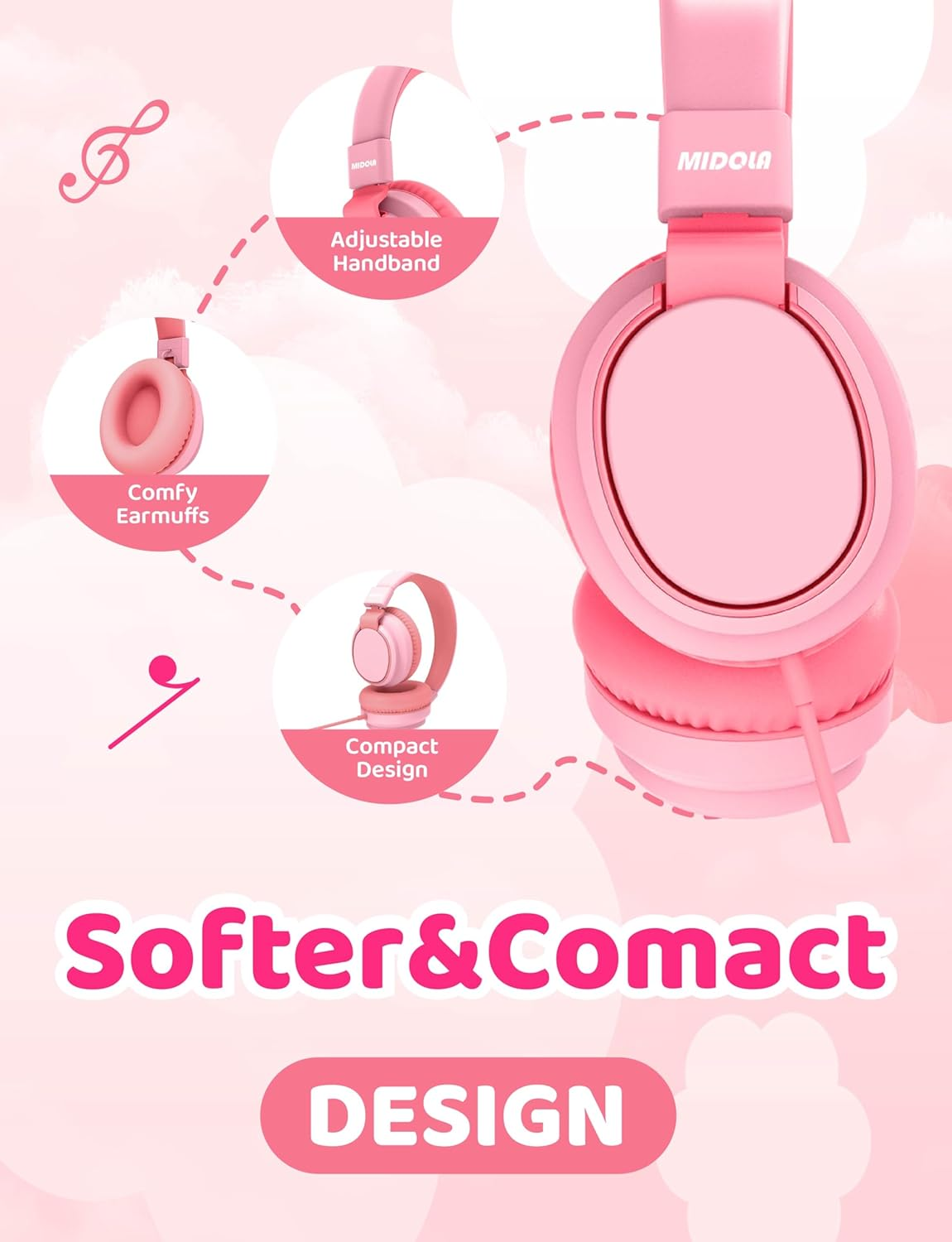 Midola Volume Limited 85/96Db Kids Headphone Over-Ear/On-Ear Foldable Sound Noise Protection Headset with Inline AUX 3.5Mm Cord W/Mic for Child School Cellphone Pad PC Notebook Pink - H01-Blue image number 2