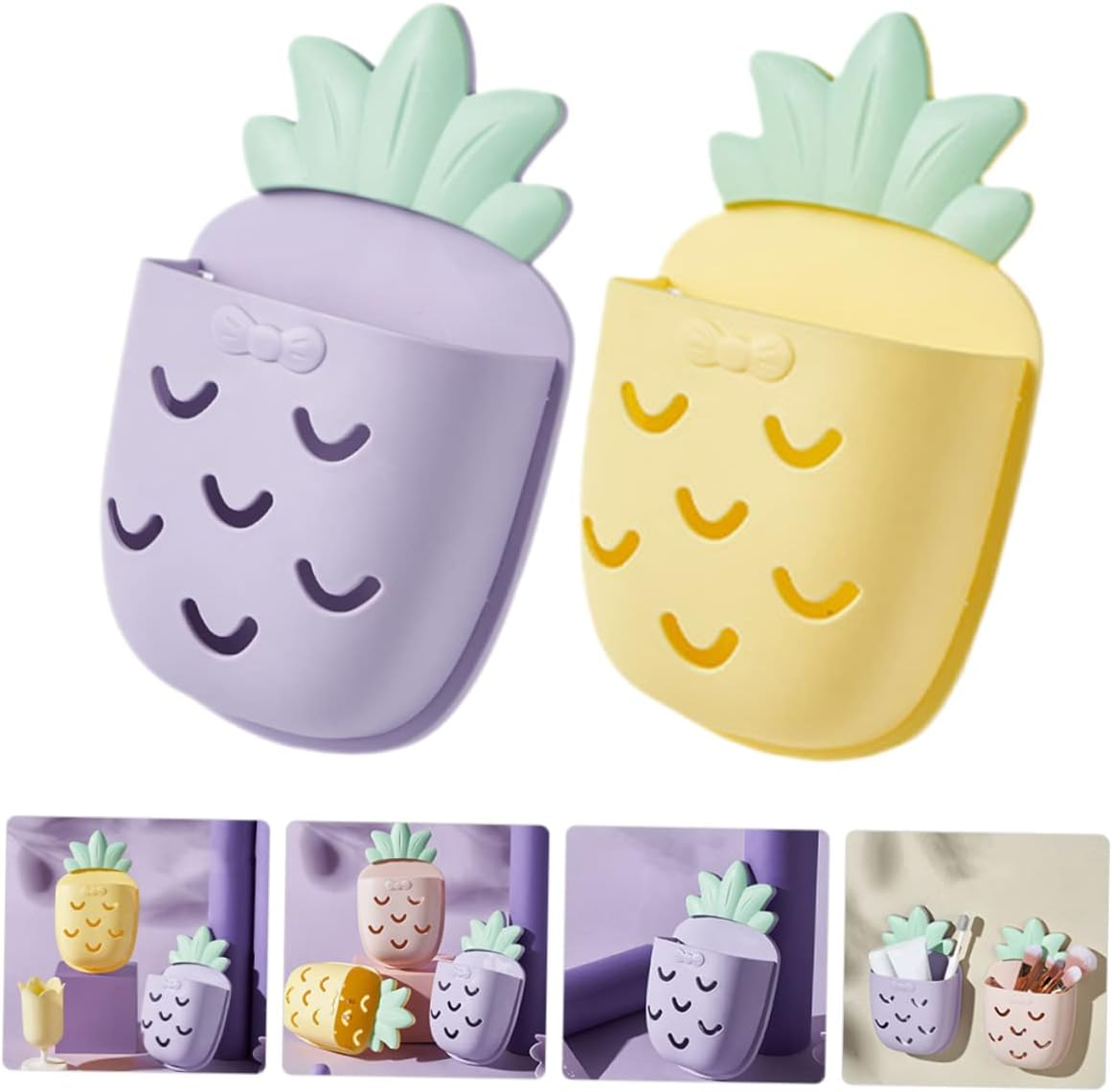 Mobestech 4Pcs Pineapple Bathroom Wall Organizer Wall Mount Storage Holder for Cosmetic Toothbrushes Accessories and Storage Holder for Bathroom Use image number 5