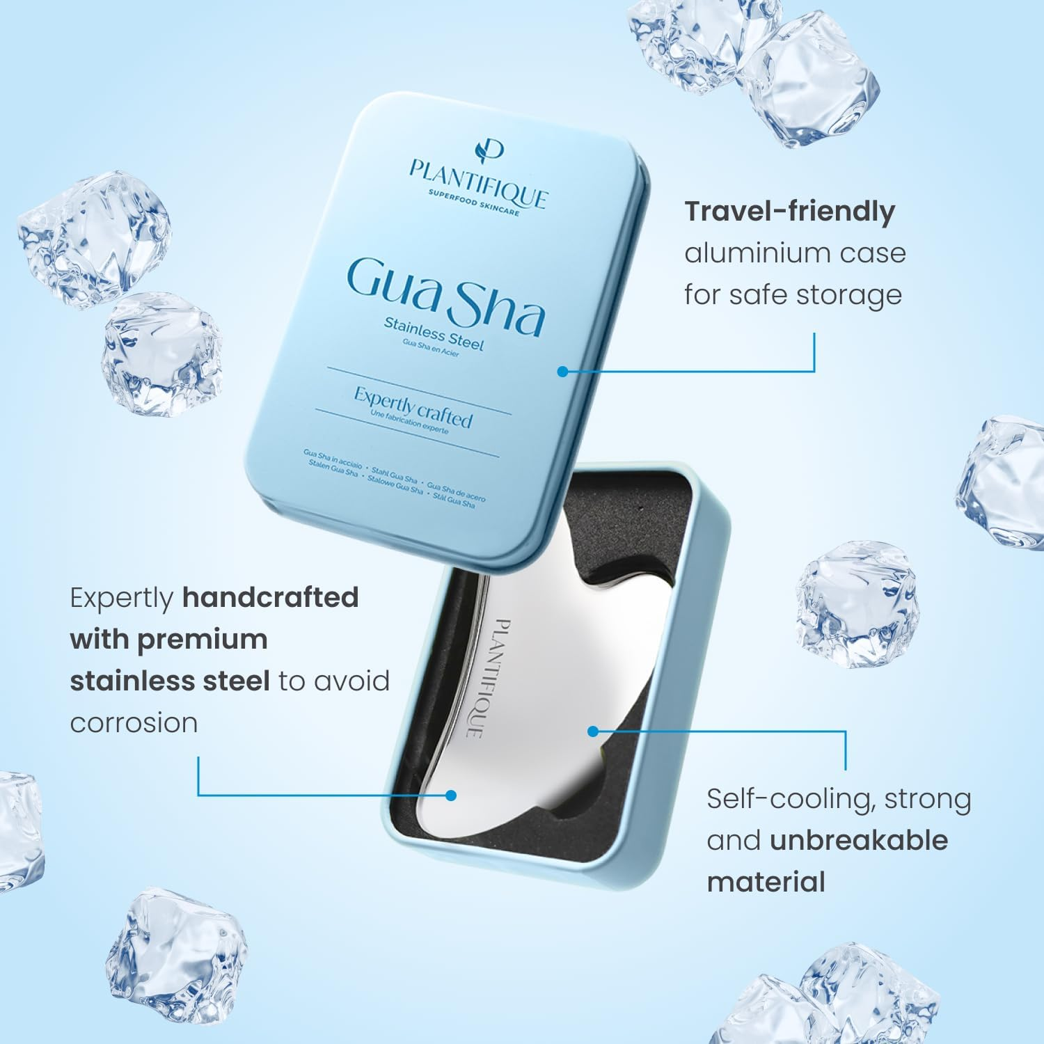 PLANTIFIQUE Stainless Steel Gua Sha | Facial Tool | Skin Massage for Face Body Eyes Neck Heart Style with Travel Pouch | Skin Care Gift image number 5