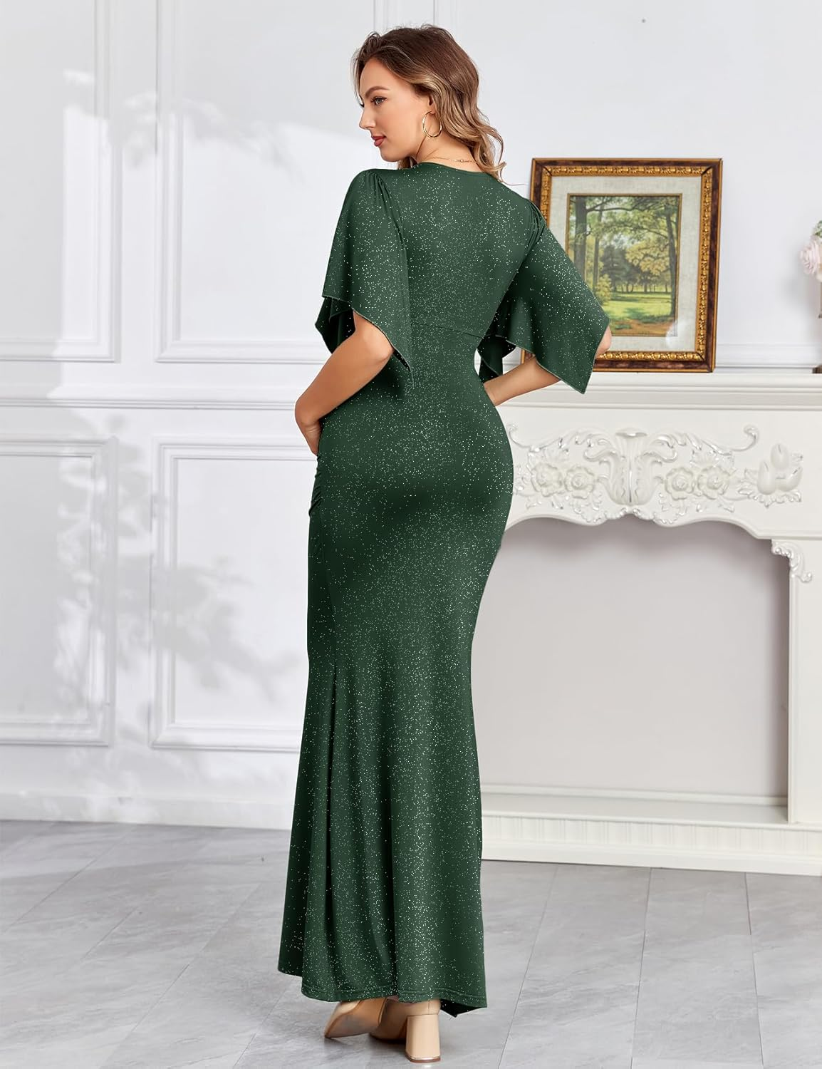 Maxi Maternity Dress with Flower Sash Semi Formal Baby Shower Wedding Guest V-Neck Handkerchief Sleeves Elegant, Sparkly Dark Green, without Flower Sash, Small image number 5