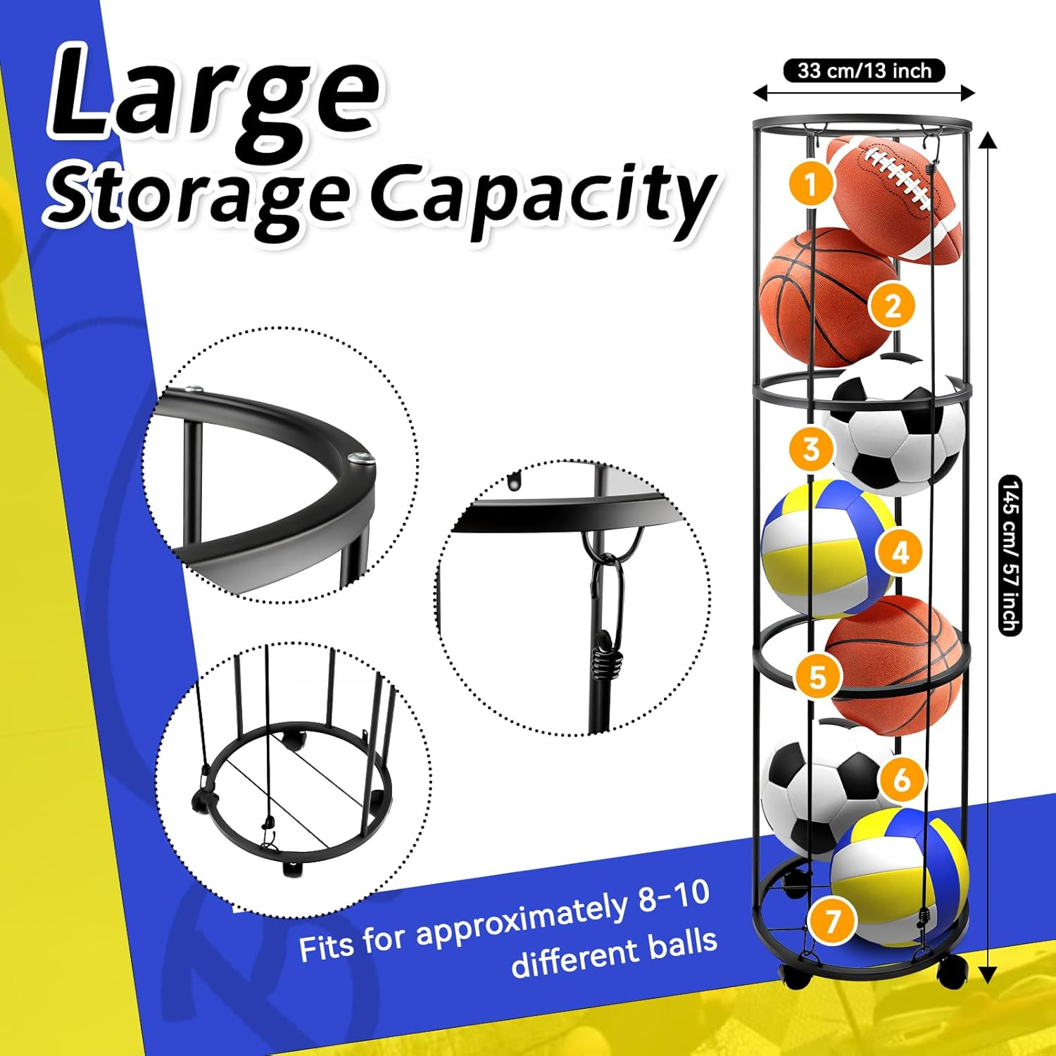 ZEMBSOYA 3 Layer Garage Ball Storage, Columnar Vertical Ball Storage Racks with Wheels, Ball Rack Organizer for Basketball, Football, Volleyball, Ball Organizer for Room, Garage, Home image number 5
