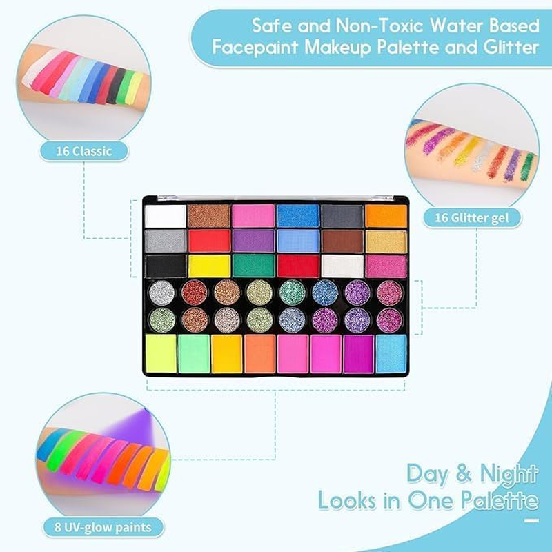 Professional Face Painting Kit (42 Color) for Kids Adults, Non Toxic Water Activated Face Paint Palette with Stencil One Stroke Split Cakes Palette Rainbow Flora Dolphin Unicorn Flame Body Paint image number 3