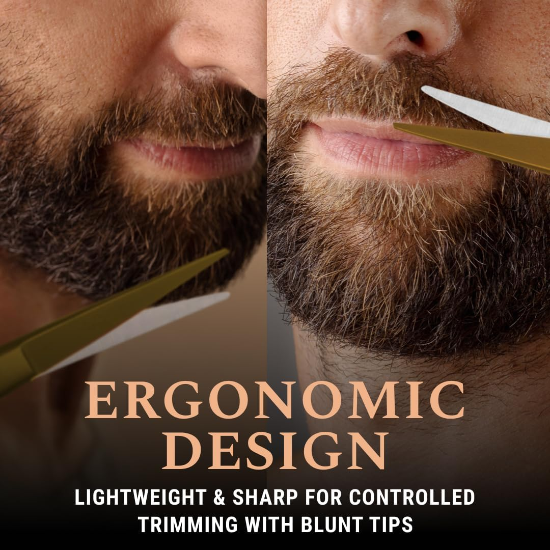 ONTAKI 5" Beard Moustache Scissors Professional German Steel 2 Comb Carrying Pouch Mustache Trimming - Hand Forged Bevel Edge Precision Men Facial Hair Grooming Kit All Body Hair (Golden Brass)