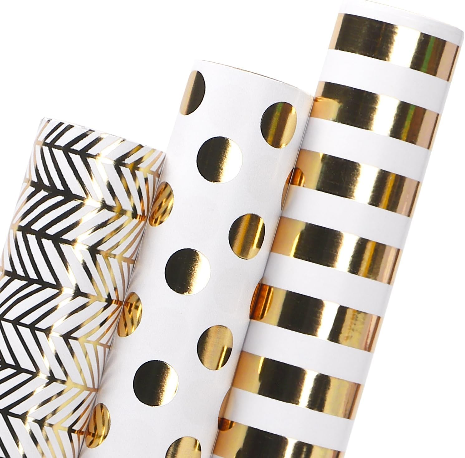 Birthday Wrapping Paper Roll, Birthday Gift Wrapping Paper Paper Roll,3 Rolls Happy Birthday Polka Dots Stripes Design for Birthday, Holiday, Party, Wedding by H HOME-MART (Gold Foil)