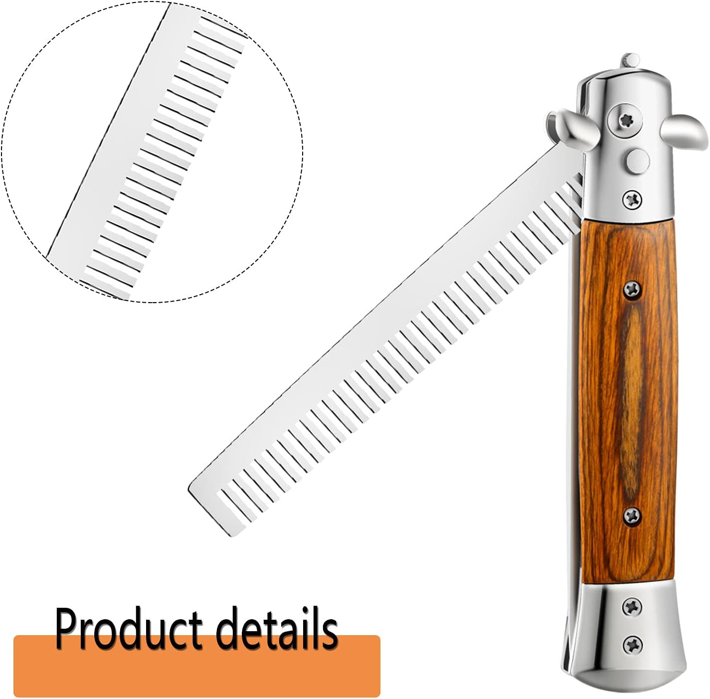 Chengu 2 Pieces Wood Grain Switchblade Blade Pocket Hair Brush Comb Automatic Push Button Brush and Folding Butterfly Stainless Steel Training Practice Comb Outdoor(Black) image number 6