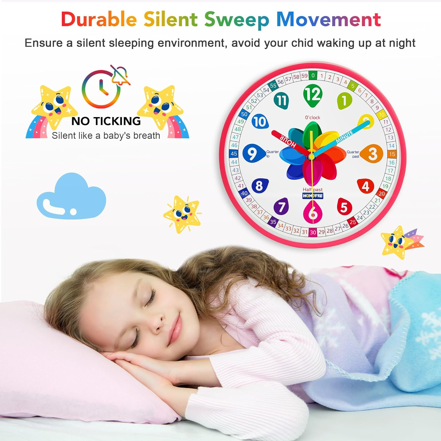 Homotte Analog Learning Clock for Kids, 10 Inch Pink Wall Clock for Bedroom, Telling Time Teach Clock, Children'S Silent Non-Ticking Educational Wall Clock for Classroom Girls Home Decor image number 3