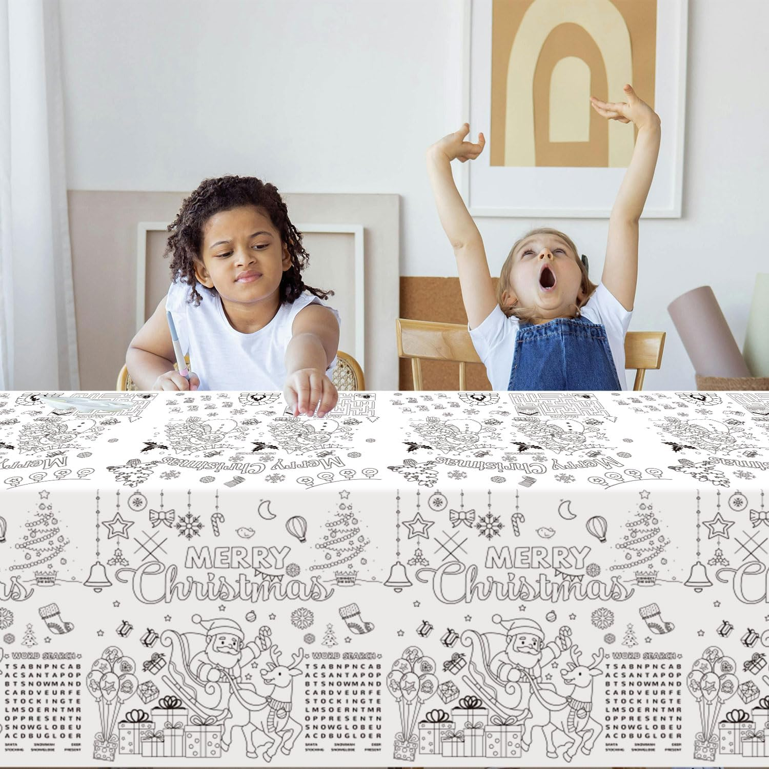 2Pcs Christmas Coloring Tablecloth, 53.9X107.9 Inch Christmas Paper Tablecloth Christmas Table Decor Coloring Poster for Kids Home Classroom Activities Party Favors image number 1