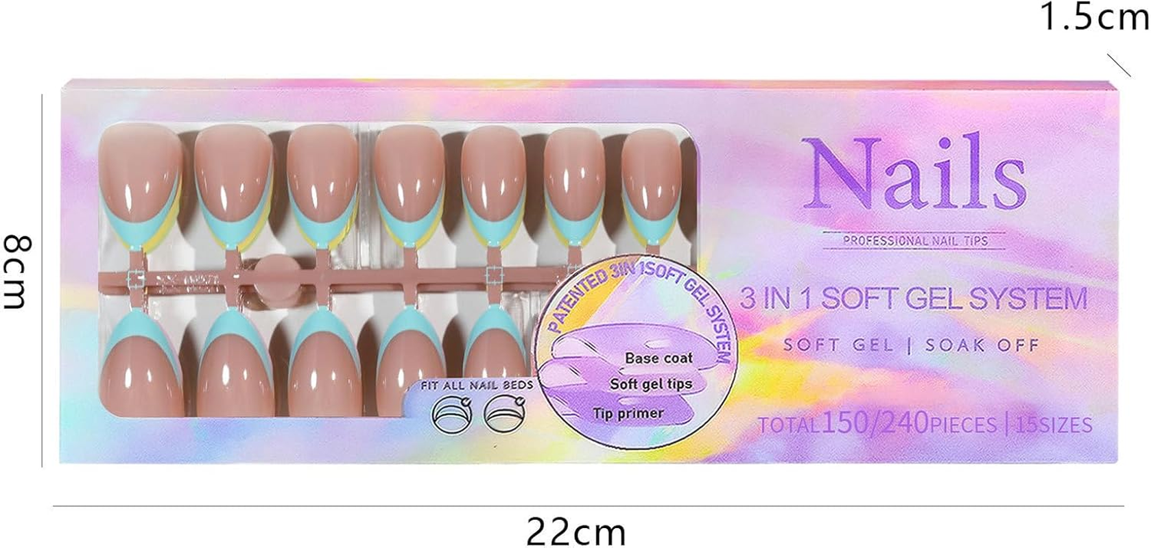 Blue French False Nails, 2 * 240 Pcs Professional Nail Tips, Fake Nails Blue Tip French False Nail Kit, Press on Nails, French Tip Gel for Nail Art DIY, 3D Fake Nail for Women Girls image number 4