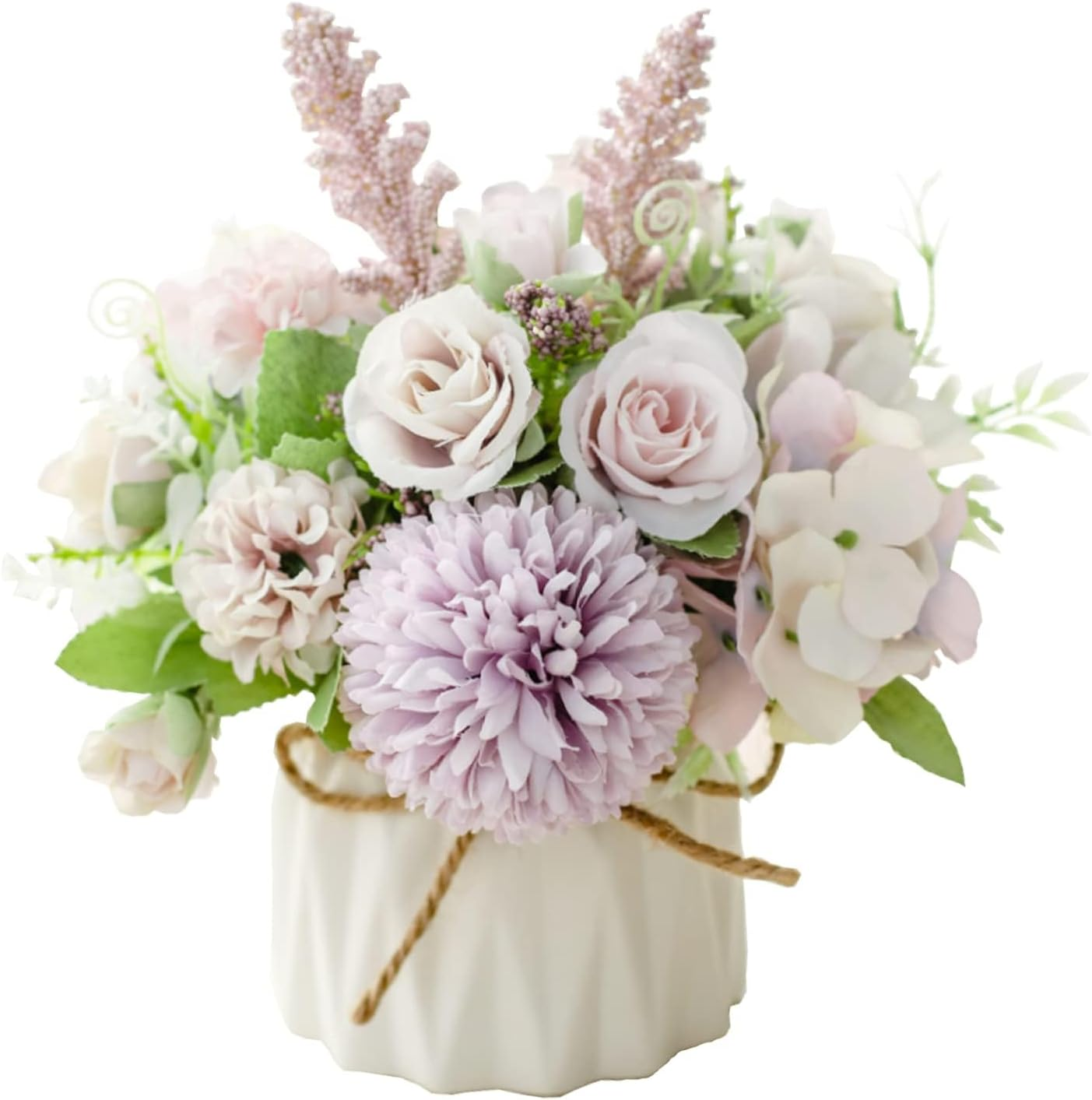 Hbluefat Fake Flowers in Vase, Small Artificial Silk Flowers with Ceramic Vase, Faux Flower Hydrangea Arrangement for Home Office, Coffee Dining Table Centerpiece Decor (Purple) - Pink image number 3