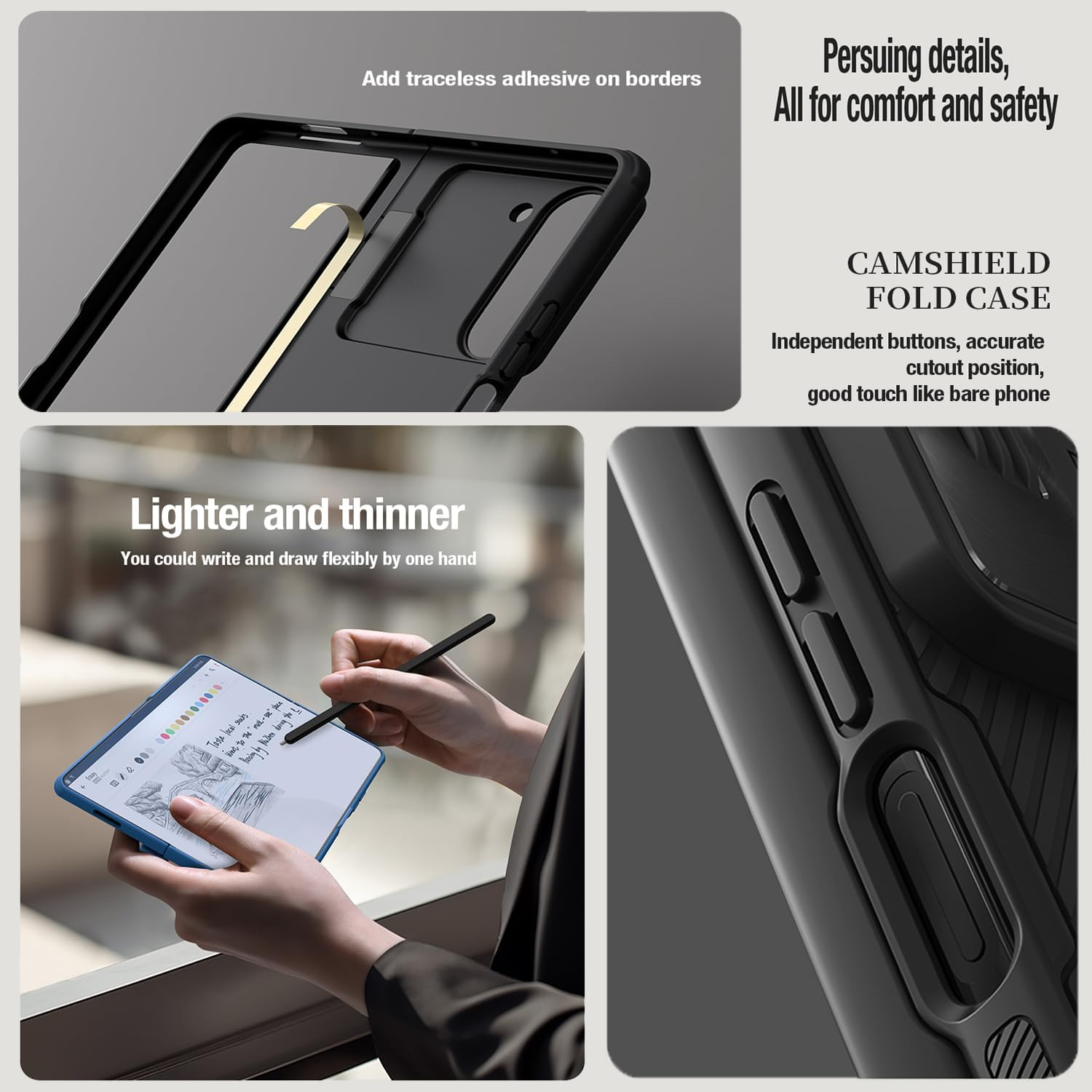 For Samsung Z Fold 5 Case with [S Pen Fold Edition] & Slide Camera Cover & Pen Holder,Hinge Protection with Kickstand Phone Case for Samsung Galaxy Z Fold 5 (Black with Pen) - Black image number 6