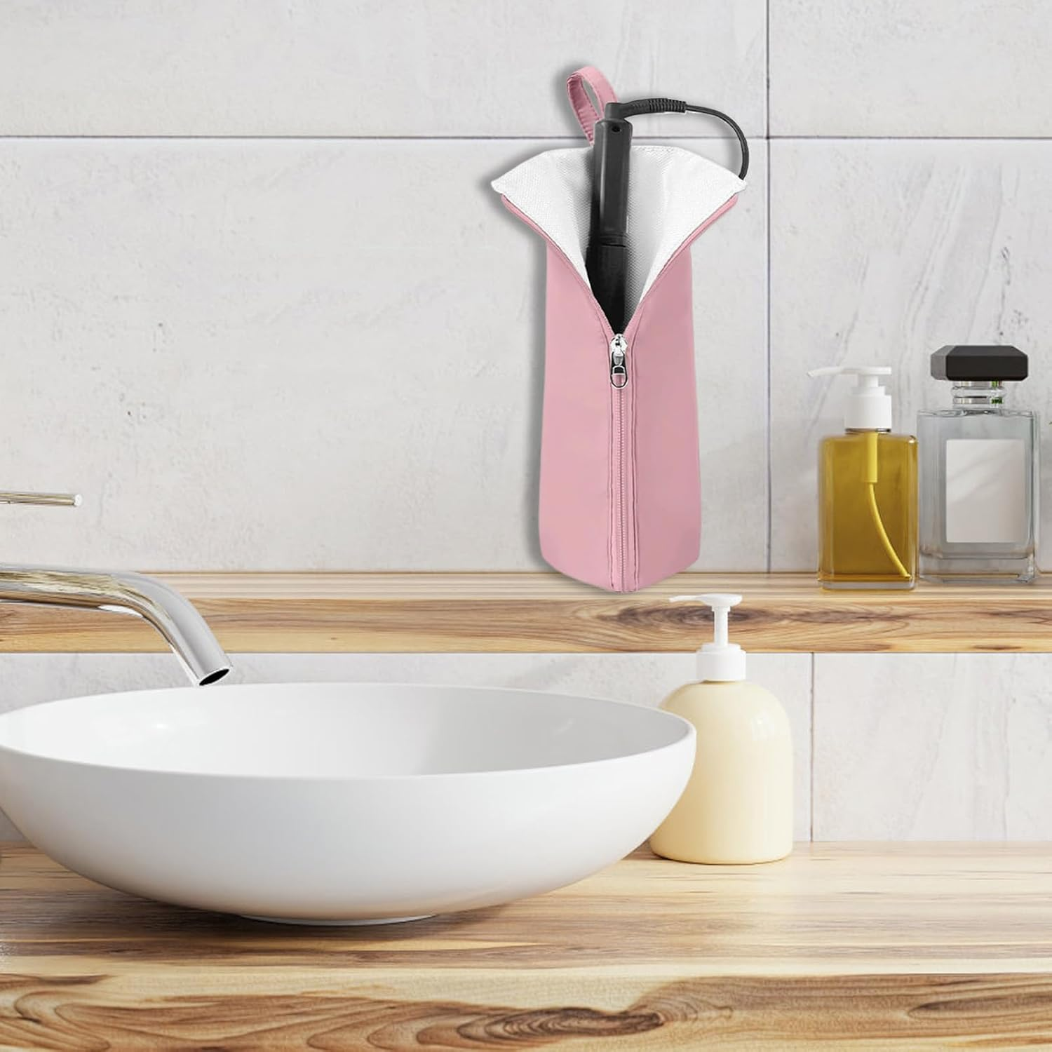 Hair Iron Holder - Hangable Blow Dryer Holder - Styling Straightening Tool Travel Pouch Heat Resistant for Desk Organization - Black image number 5