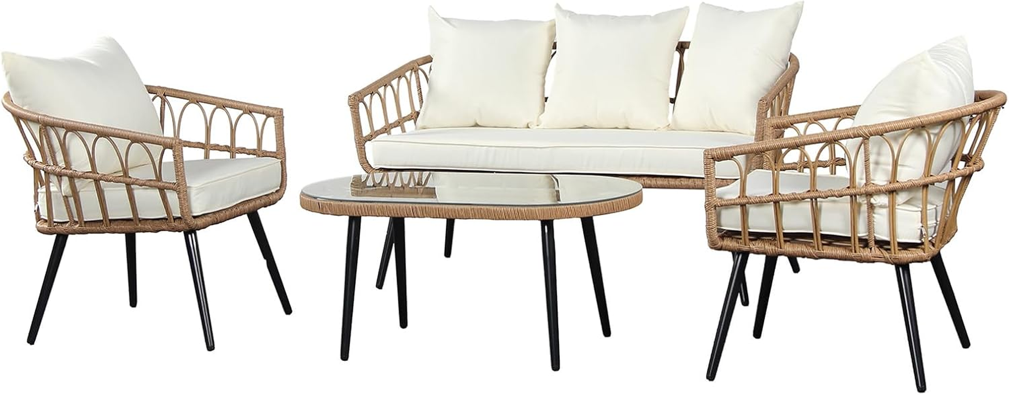 Levede 4PCS Outdoor Furniture Setting Patio Garden Table Chair Set Wicker Lounge, Balcony PE Rattan Conversation Sets with Back Seat Cushion Tempered Glass for Backyard, Poolside